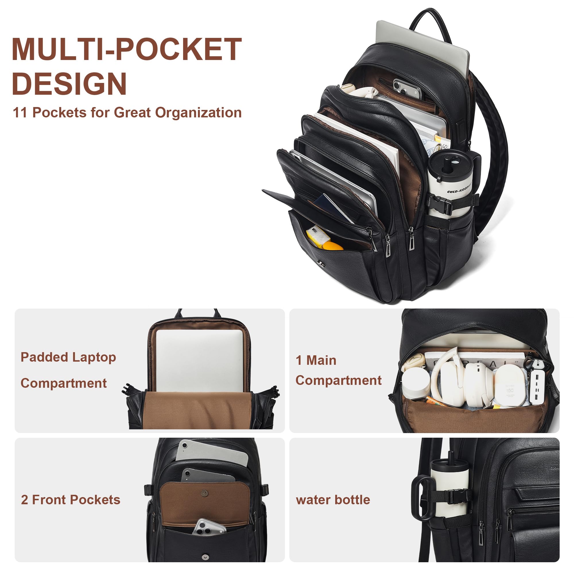 Zaino in pelle vegana, zaino da viaggio TSA per uomo e donna, adatto per notebook da 17 pollici, con tracolla per bagagli e porta USB, nero