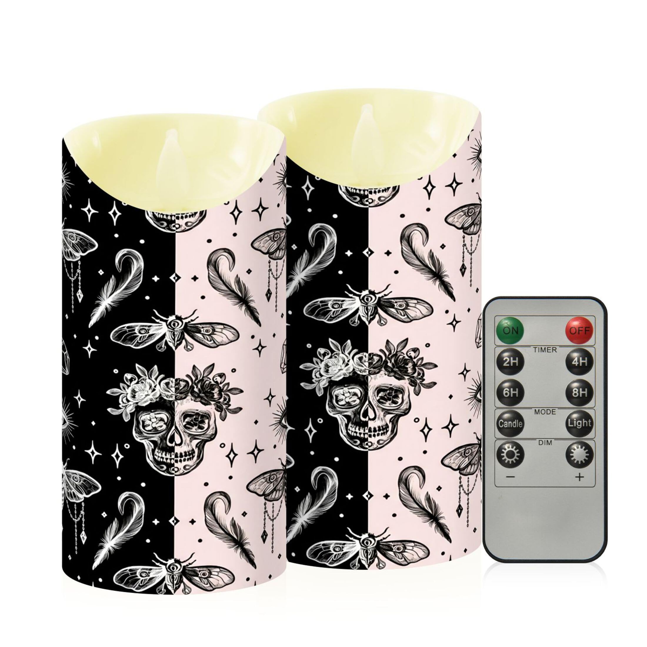 Kutsu Pink Skull Black Flameless Candles Set of 2, Battery Operated LED Flickering Candles with Remote and Timer, Plastic Pillar Candles for Home Wedding Decor
