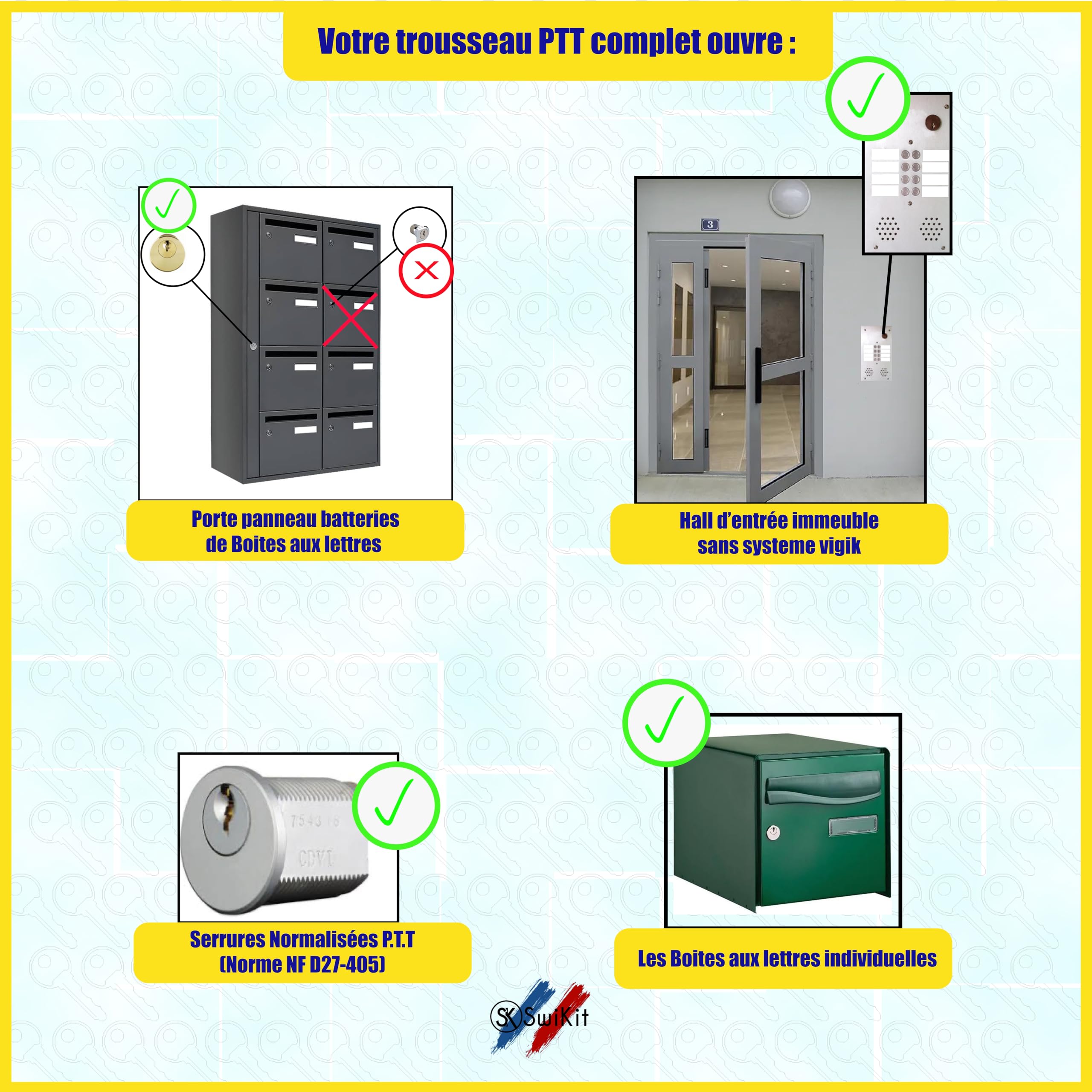 Pass PTT Tousseau complet 21 clés A a U - Clé boîte aux lettres et serrures normalisées - Accès halls d'immeubles, boîtes aux lettres et armoires techniques - Compatible standard PTT France