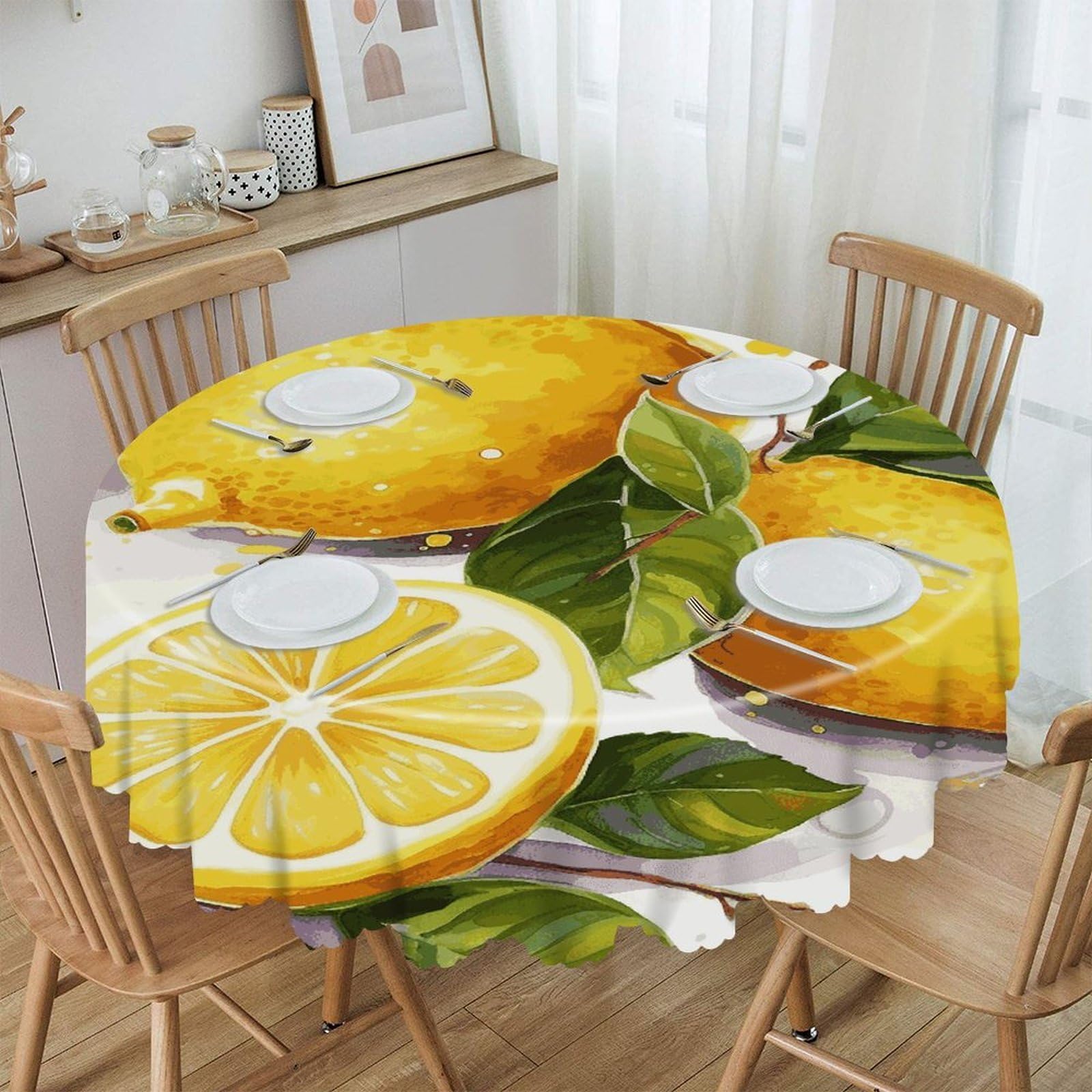 JTREHY - Lemon Round Tablecloth 60 Inch Water Resistant Spill Proof Washable Polyester Washable Table Cover for Buffet Tables Party Dinner