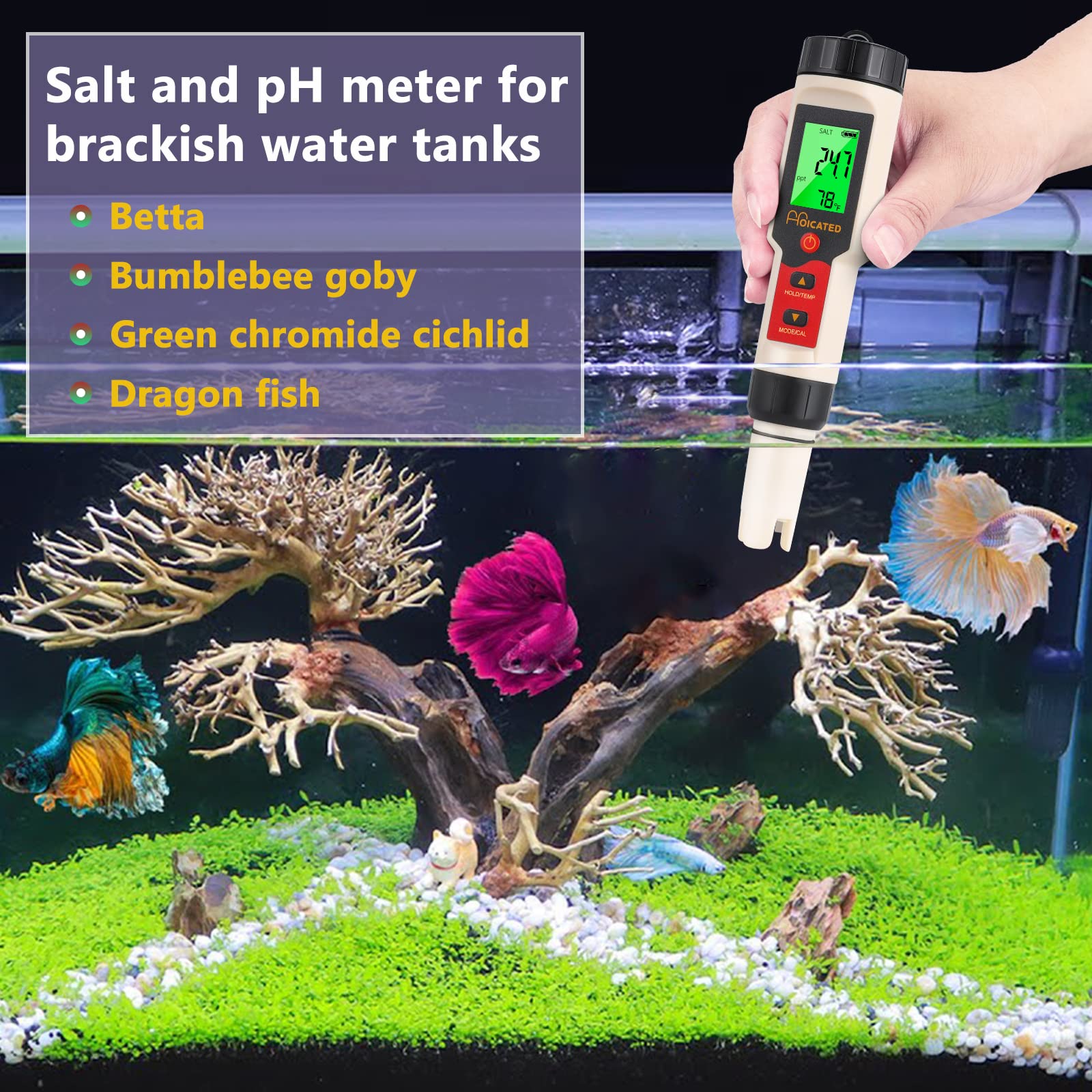 Probador digital de sal y probador de pH para acuarios HOICATED Salinidad y medidor de pH para acuarios de agua salada Estanque de peces Koi Tanques de arrecife Acuarios de agua dulce y pesca marina