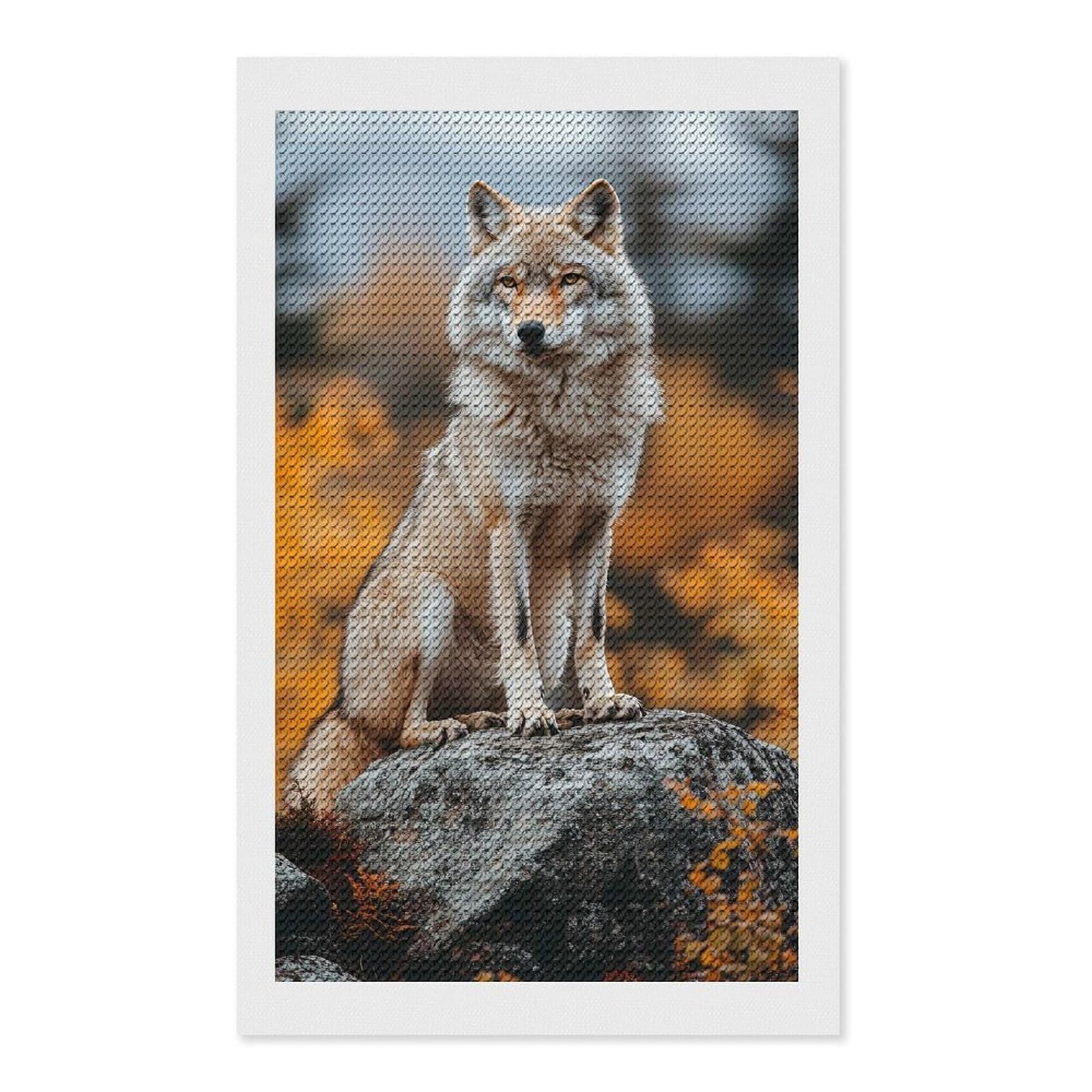 Junmoney Wolf Portrait on Rock in Autumn Diamond Painting Canvas Kit 12"x20", Relaxing DIY, Modern Decor, Aesthetic Room Decor, Home Wall Art, Wall Art Gift