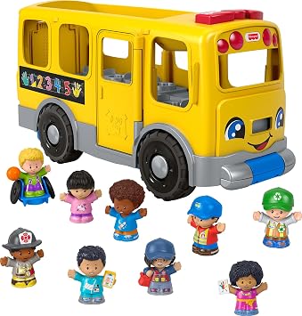 Fisher-Price Little People Big Yellow School Bus, Multilanguage | English, French, Spanish, Portuguese, Large Vehicle & Community Heroes Figures for Pretend Play, Ages 1+ Years