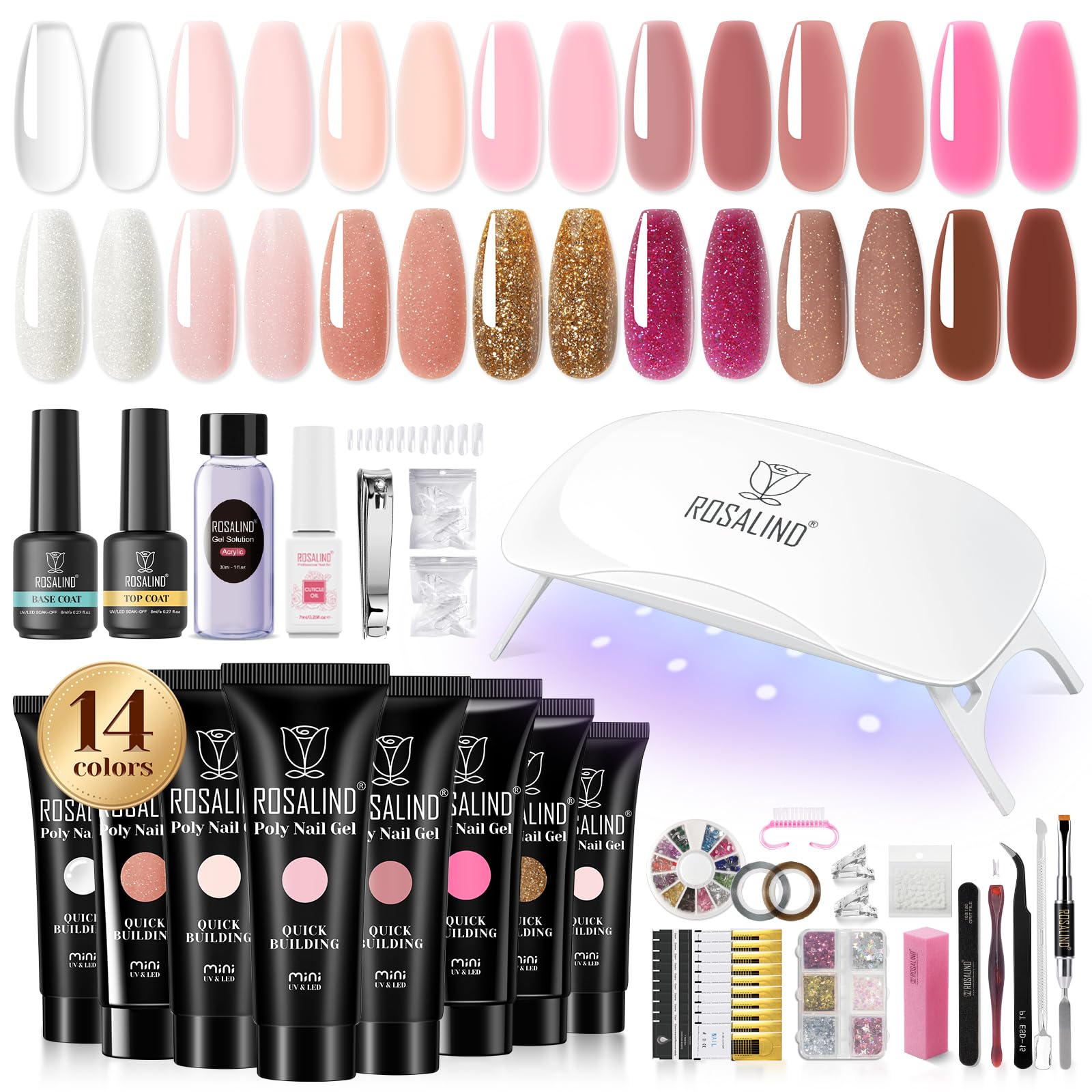 ROSALIND Poly Nail Gel Kit -14 Colors + 67 Nail Art Accessories kitClear Pink Glitter Gel Builder with Mini U V Nail Lamp Nude Pink Nail Strengthener 3D Molding Gel for Starter Poly Nail Gel Kit-image-9