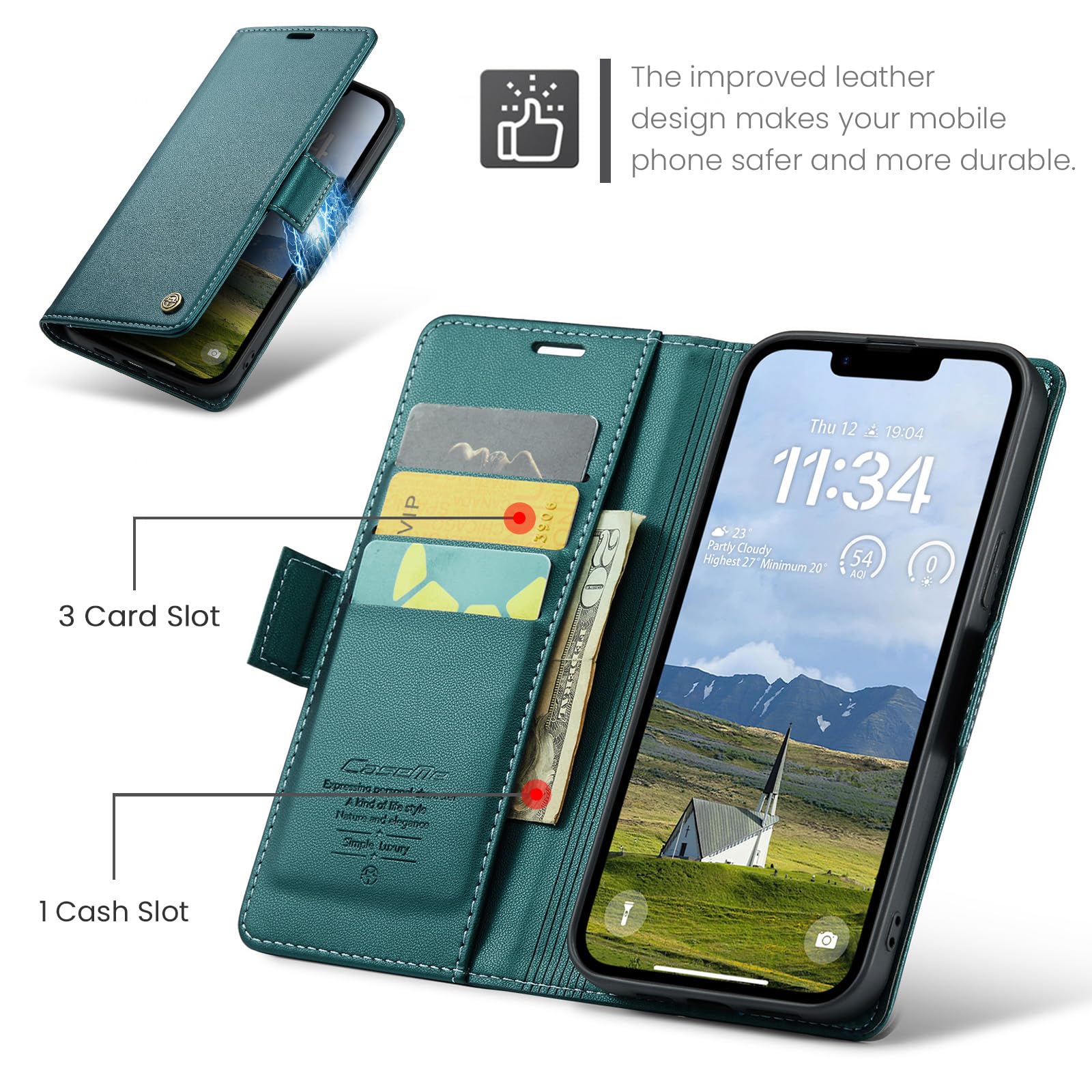 Funda para Apple iPhone 16e, Funda de Cierre Magnético, Cartera de Cuero PU con [Bloqueo RFID], Soporte, Ranura para Tarjetas, Carcasa de Libro, Case para iPhone 16e, Turquesa - 3