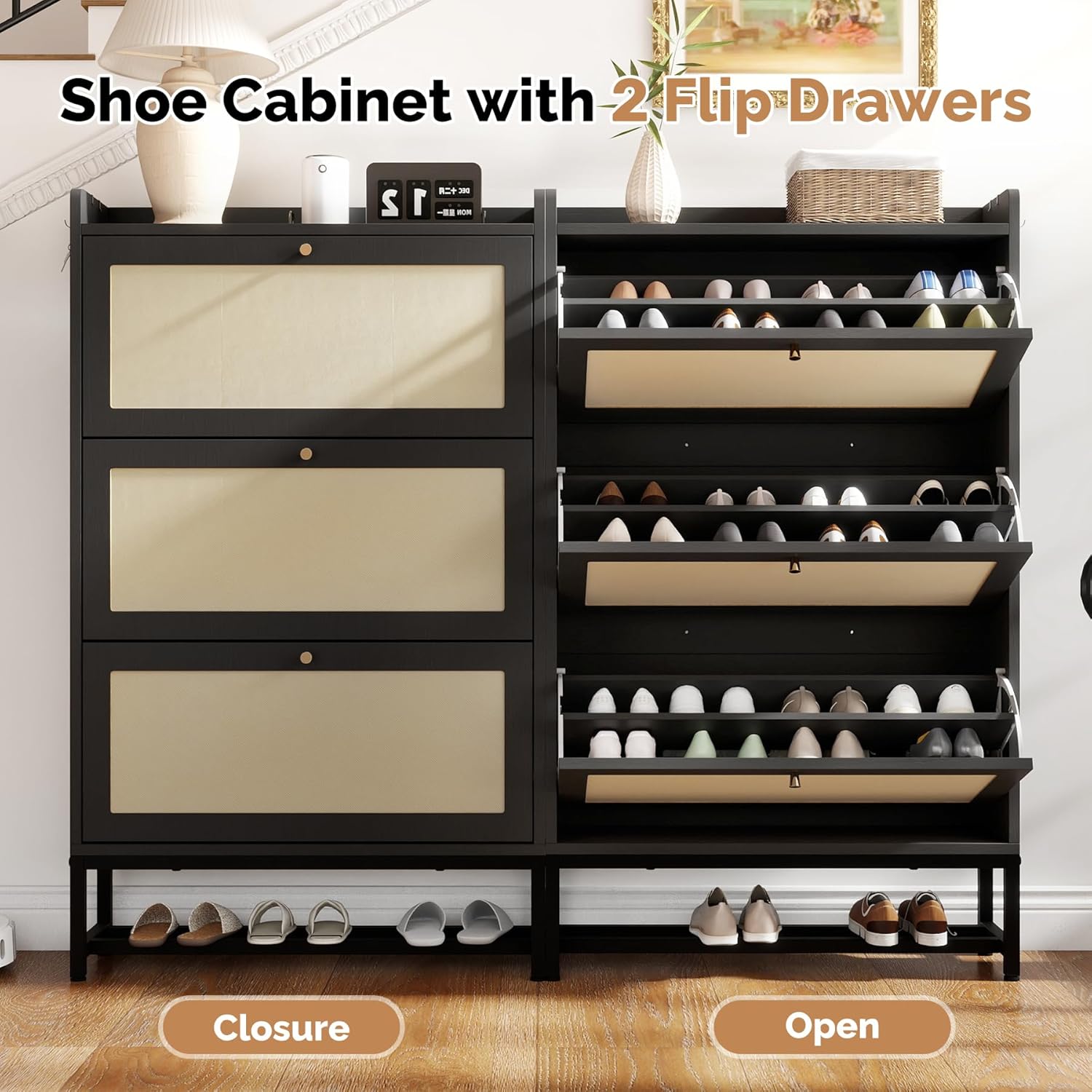 Shoe Storage Cabinet, Boho Farmhouse Rattan Narrow Shoes Organizer with 3 Flip Drawers, Hidden Wood Shoe Shelf for Hallway, Living Room, Entryway, 31.5x9.25x53.22'' (Black),