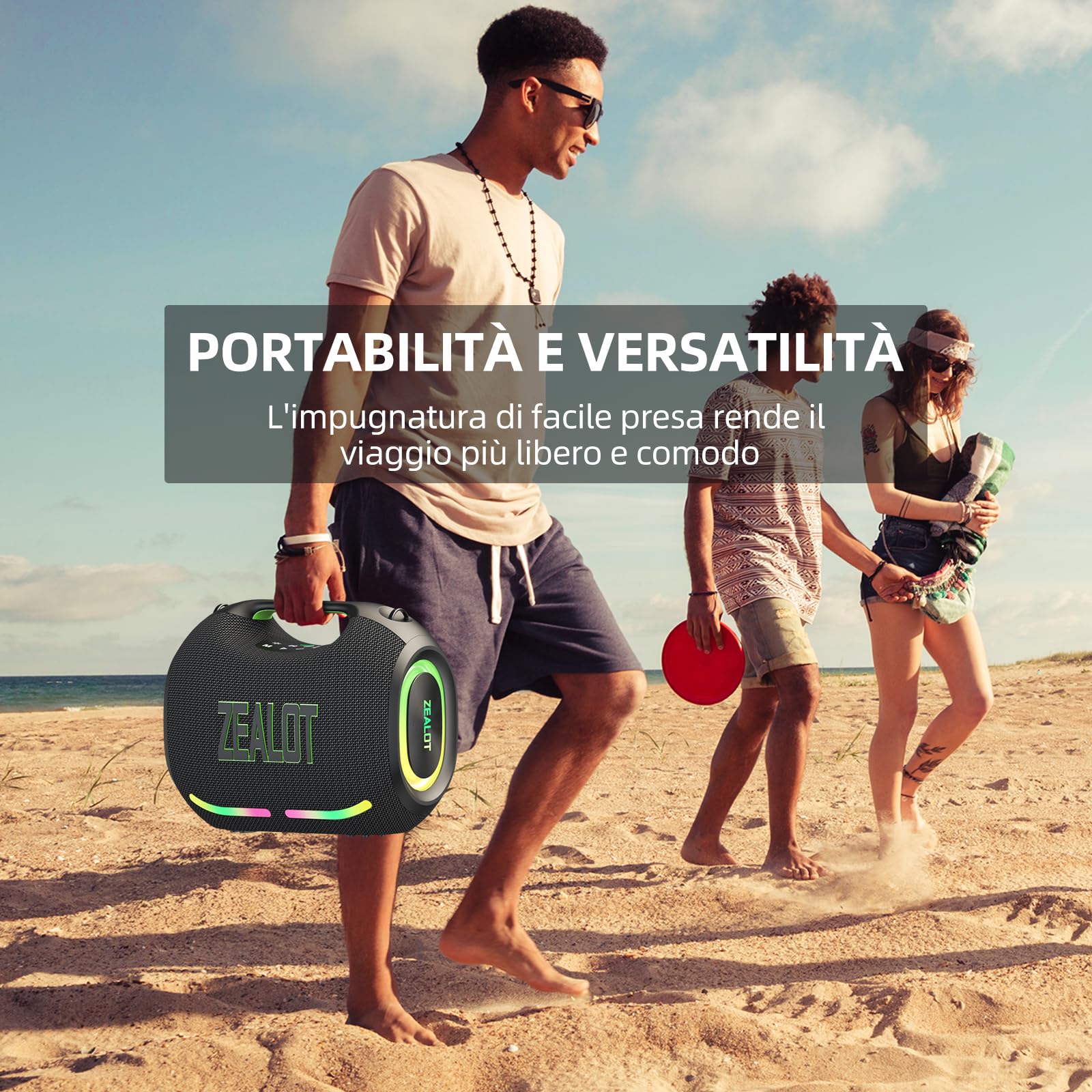 ZEALOT Cassa Bluetooth 150W Peak(120W RMS) con Luce LED,Bluetooth 5.3,Impermeabile IPX6,Suono Stereo,USB/AUX/TF ingresso,USB-C,per Campeggio,Spiaggia,Feste