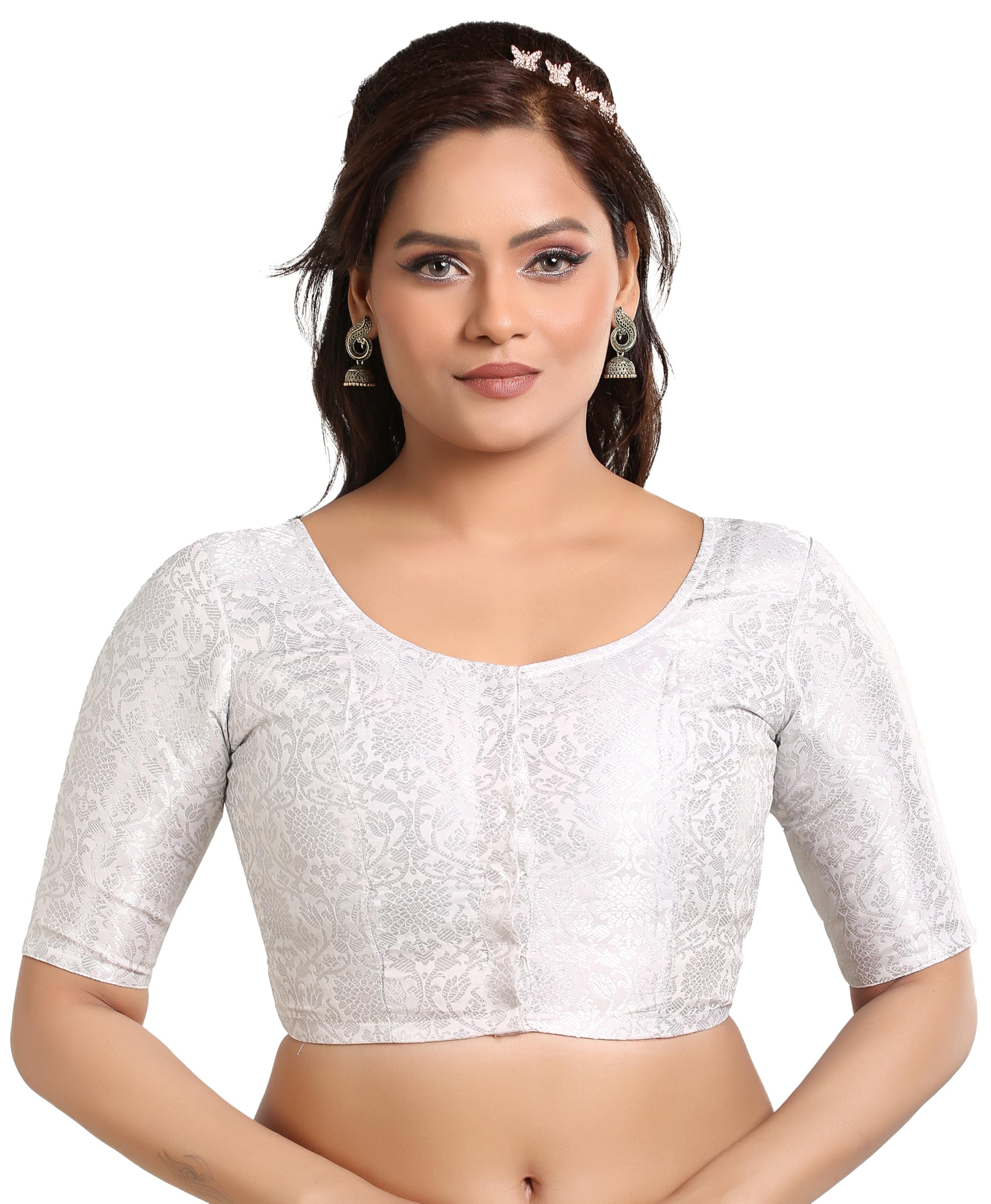 madhu fashion Women's Silver Brocade Half Sleeves Readymade Saree Blouse-picture-9