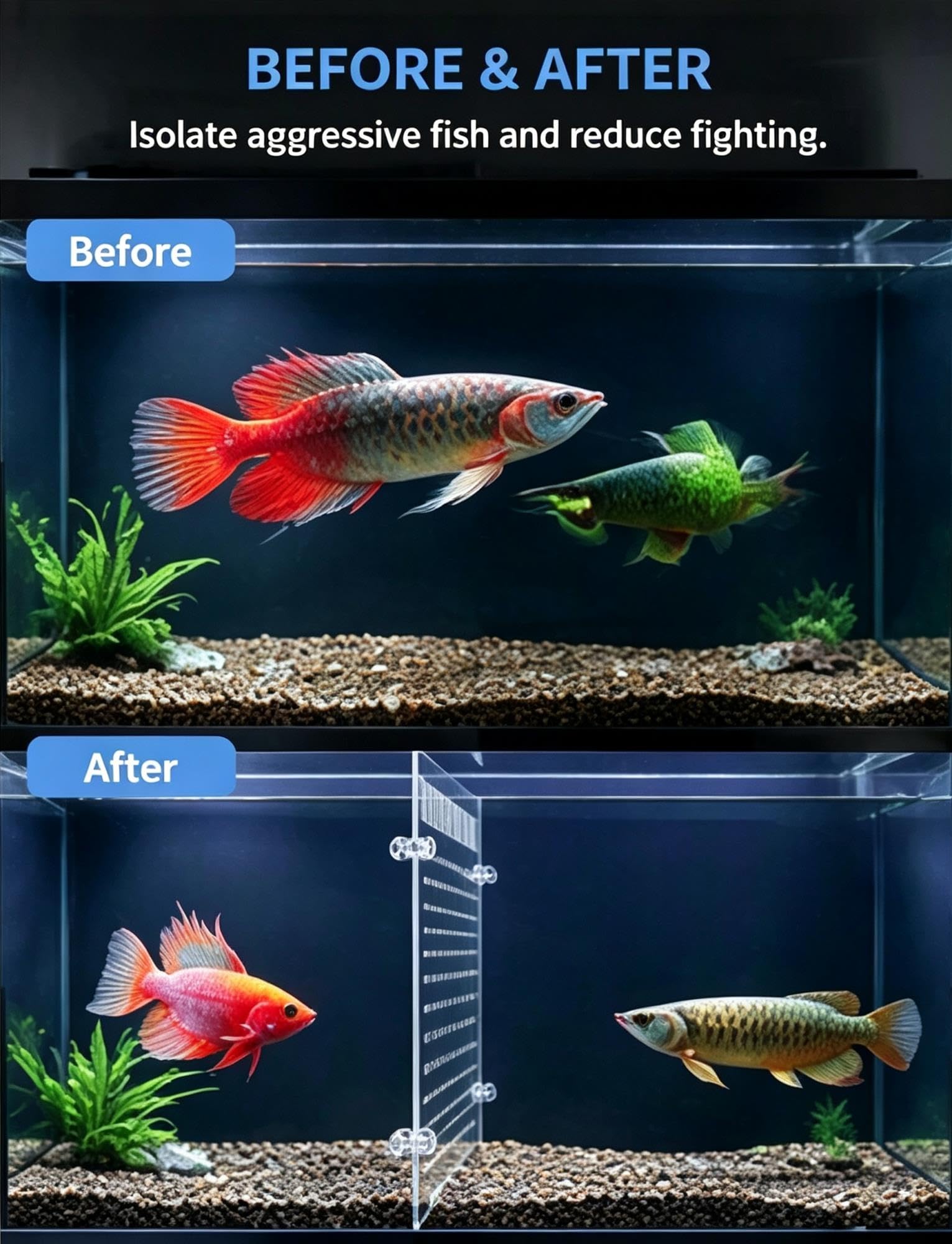 Divisorio per acquario in acrilico 5 mm, trasparente, 28–70 cm