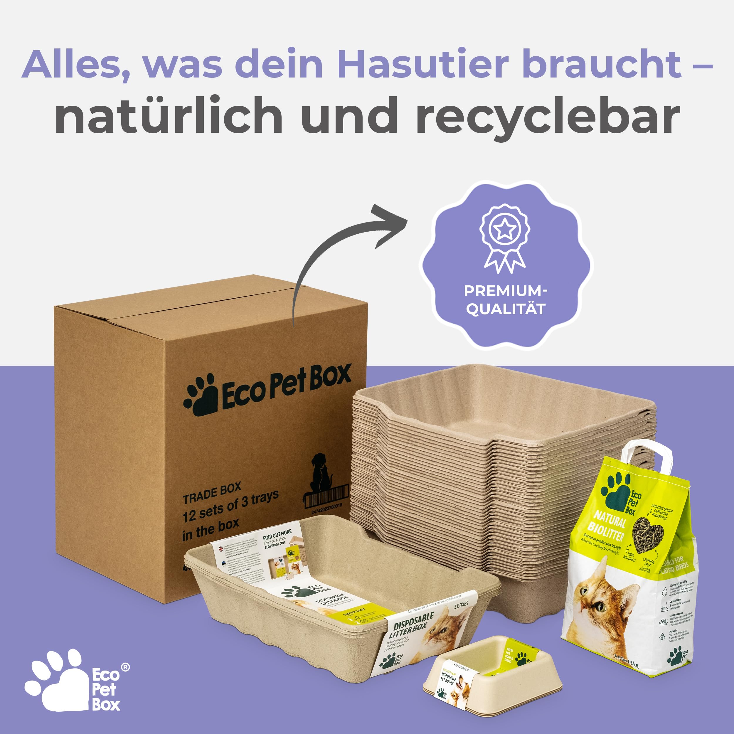 EcoPetBox Litière pour chat bio compostable 15 kg – Non agglomérante pour chats multiples, sans poussière, granulés de bois naturel pur