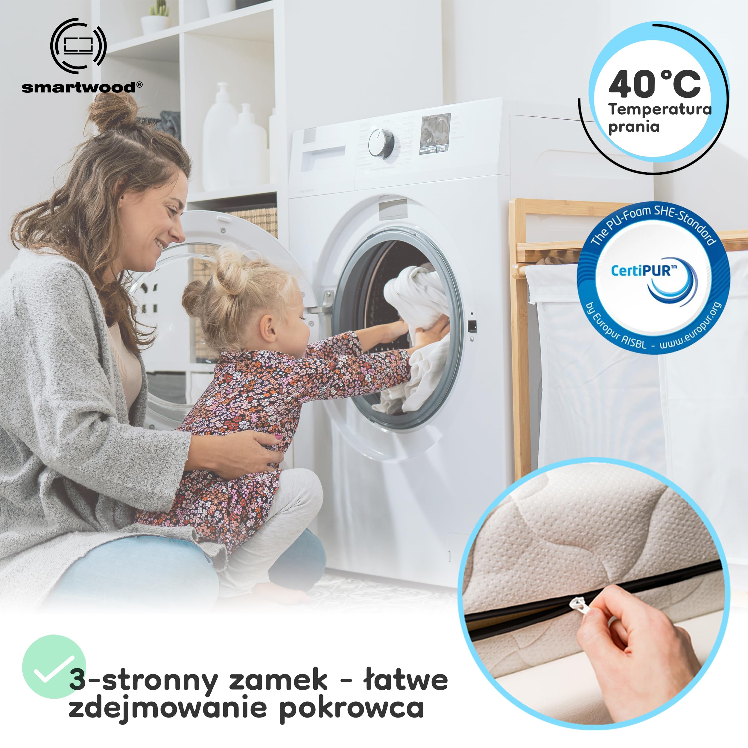smartwood Materac 90x200 12 cm, H2, Piankowy, Prześcieradło, SmartComfort | Materac dziecięcy, Oeko-TEX, oddychający, antyalergiczny, zdejmowany pokrowiec, pranie w 40°C, gęstość 25 kg/m³, dwustronny