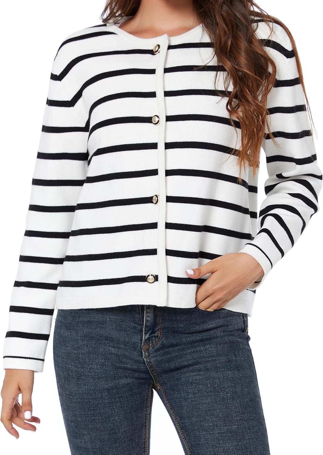 Women's Striped Cardigan Sweater Trendy Long Sleeve Button Down Crewneck Knit Cardigans - Image 4