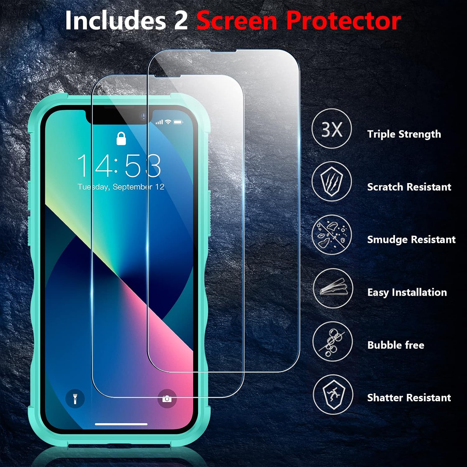 SPIDERCASE Designed for iPhone 13 Mini Case, with 2 Packs [Tempered Glass Screen Protectors] [10FT Military Grade Drop Protection] [Non-Slip] Heavy Duty Shockproof Case, Teal
