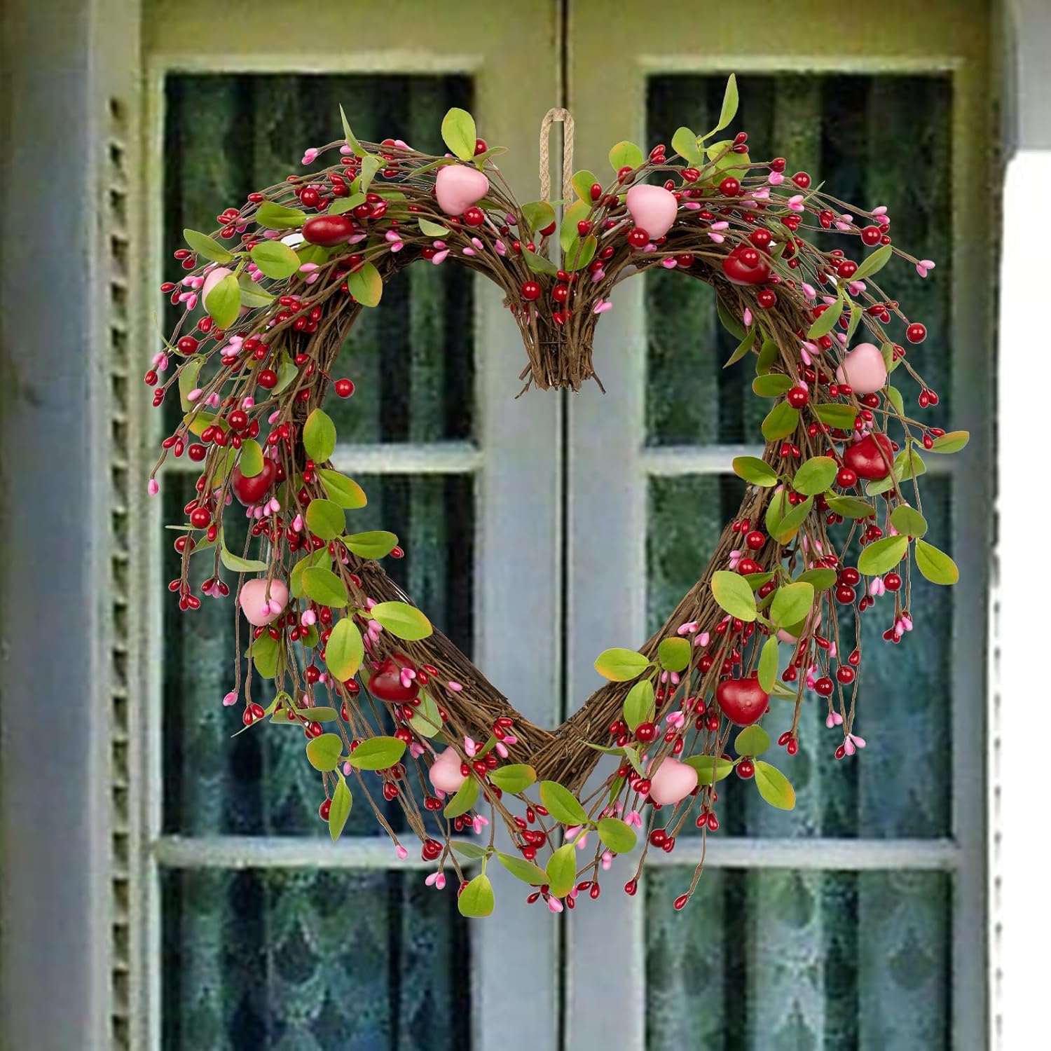 JINGHONG Valentine's Day Wreaths 18 Inch Valentines Day Wreath Heart Shaped Wreaths for Front Door with Red Pink Hearts for Anniversary Wedding Dinner Decorations - Image 3