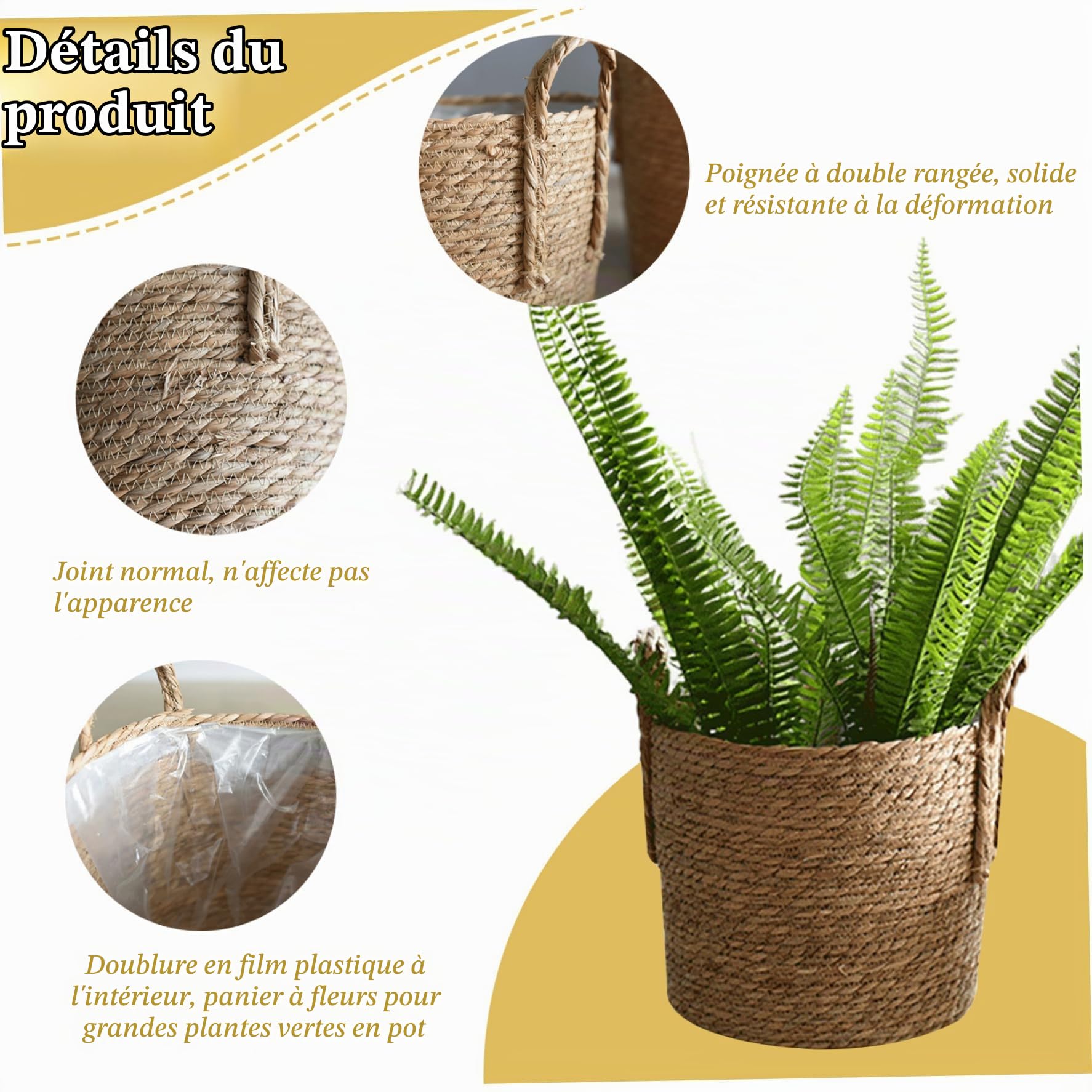 Panier végétal tissé, paniers de jardinières intérieurs de 25 cm Récipient de Rangement tissé avec doublures en Plastique Paille de Paille pour la Maison, S