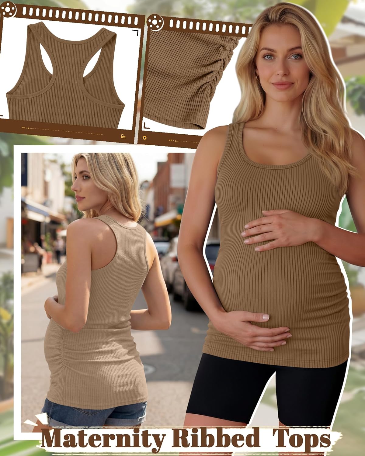 3 Pack Womens Maternity Tank Tops Ribbed Cotton Summer Pregnancy Shirts Sleeveless Racerback Ruched Side Clothes