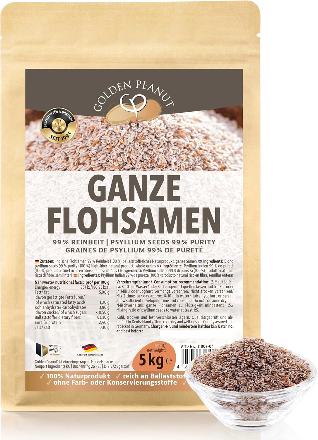 Plooienzaden in totaal 5 kg, 99% zuiverheid, vezelrijk, zonder toevoegingen, getest op kwaliteit uit India, glutenvrij bakingrediënt ..