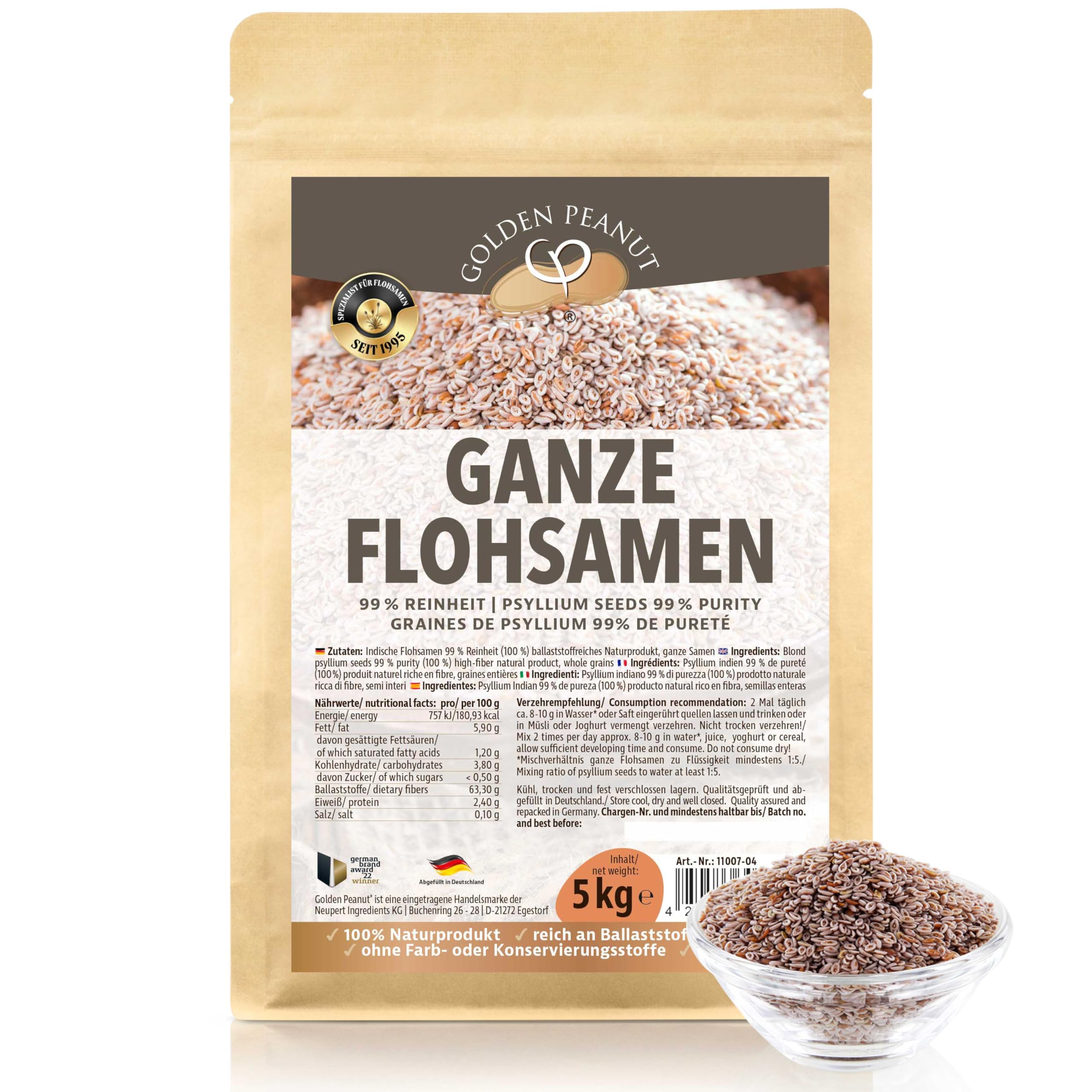 GOLDEN PEANUT Flohsamen ganz 5 kg - 99% Reinheit, ballaststoffreich, ohne Zusätze, qualitätsgeprüft aus Indien, glutenfreie Backzutat