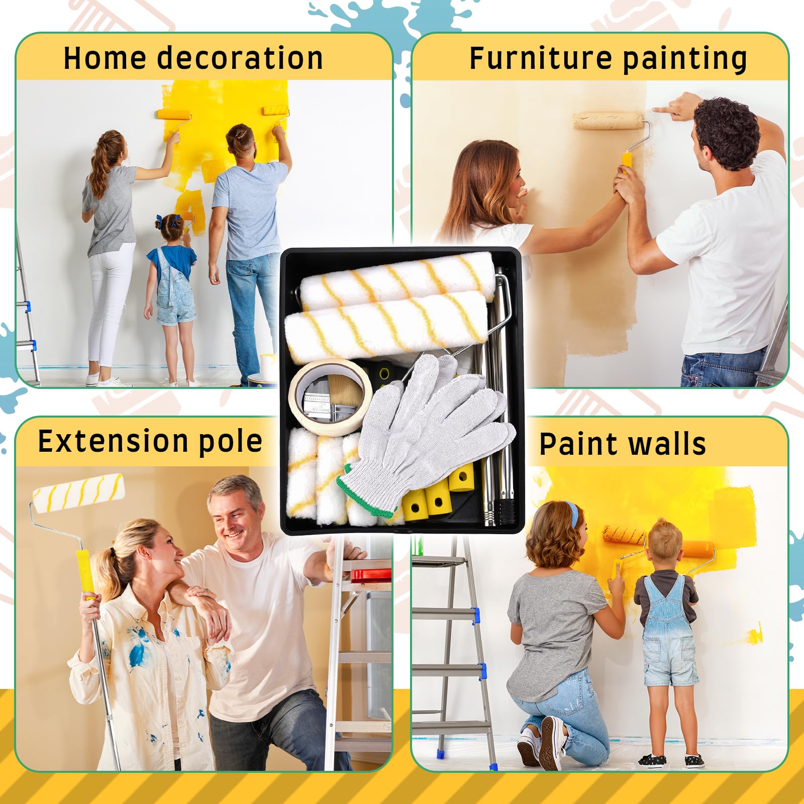 Kit Peinture 23 Pièces, Rouleau 4/9 Inch Rallonge, Bac à Peinture | Grattoir, Pinceau et Garnitures Inclus — pour Murs, Plafond et Portes, Équipement Complet pour Travaux