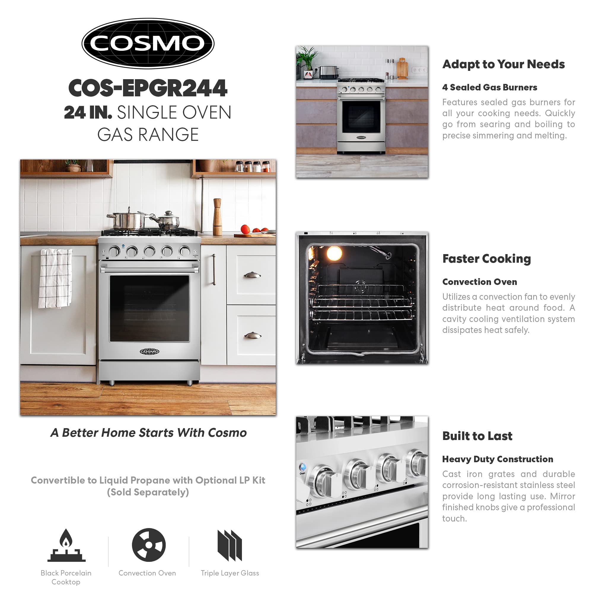 Buy COSMO COSEPGR244 24 in. SlideIn Freestanding Gas Range with 4