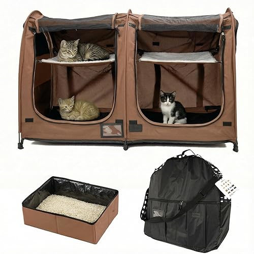 Mispace Portable Twin Compartment Show House Cat Cage/Condo - Easy to Fold & Carry Kennel - Comfy Puppy Home & Dog Travel Crate with Portable Carry Bag/Two Hammocks/Mats and Collapsible Litter Box