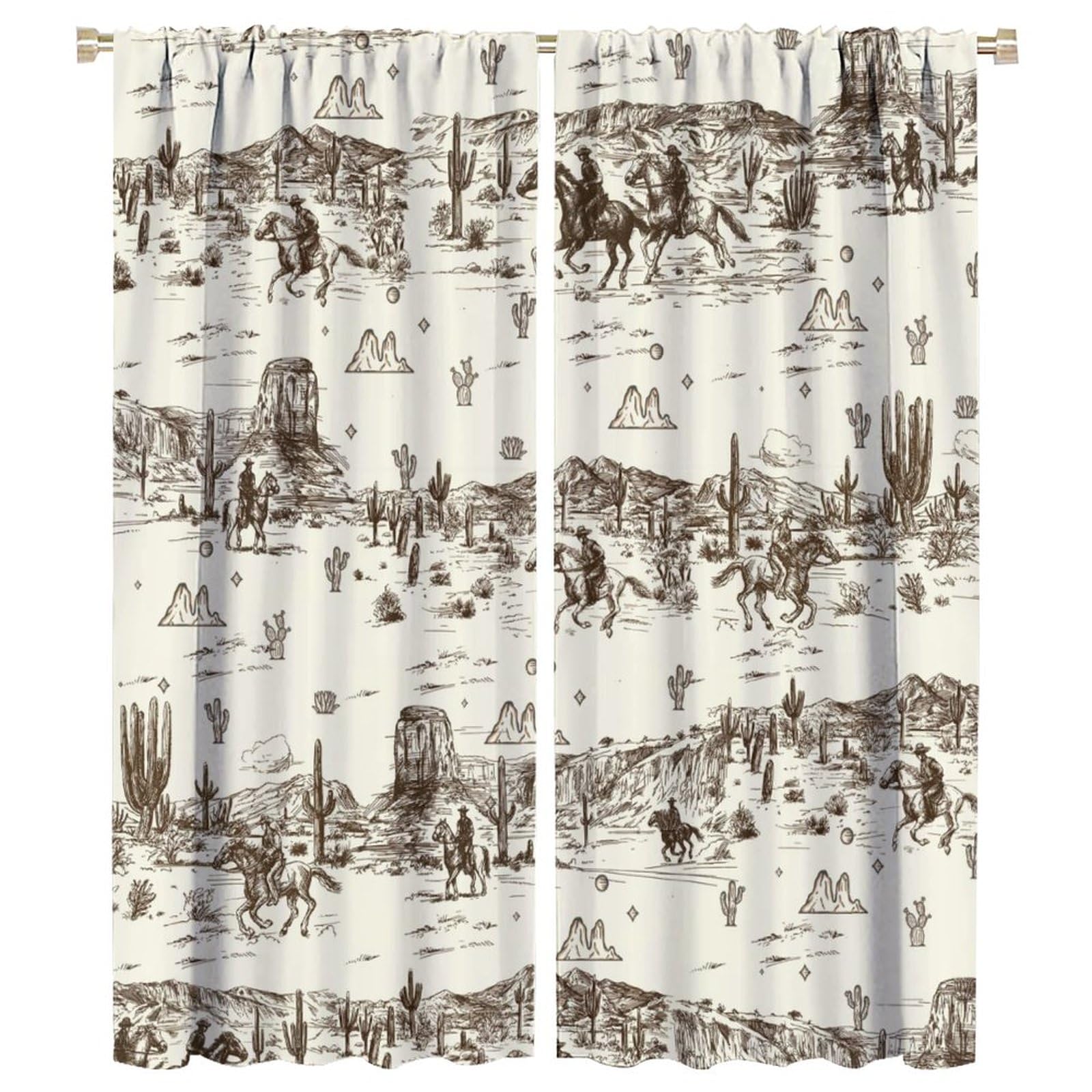 FBMLBRB Vintage American Wilderness Western Cowboy Rod Pocket Blackout Curtains for Living Room,Thermal Insulated Sketch Style Western Cowboy Cacti
