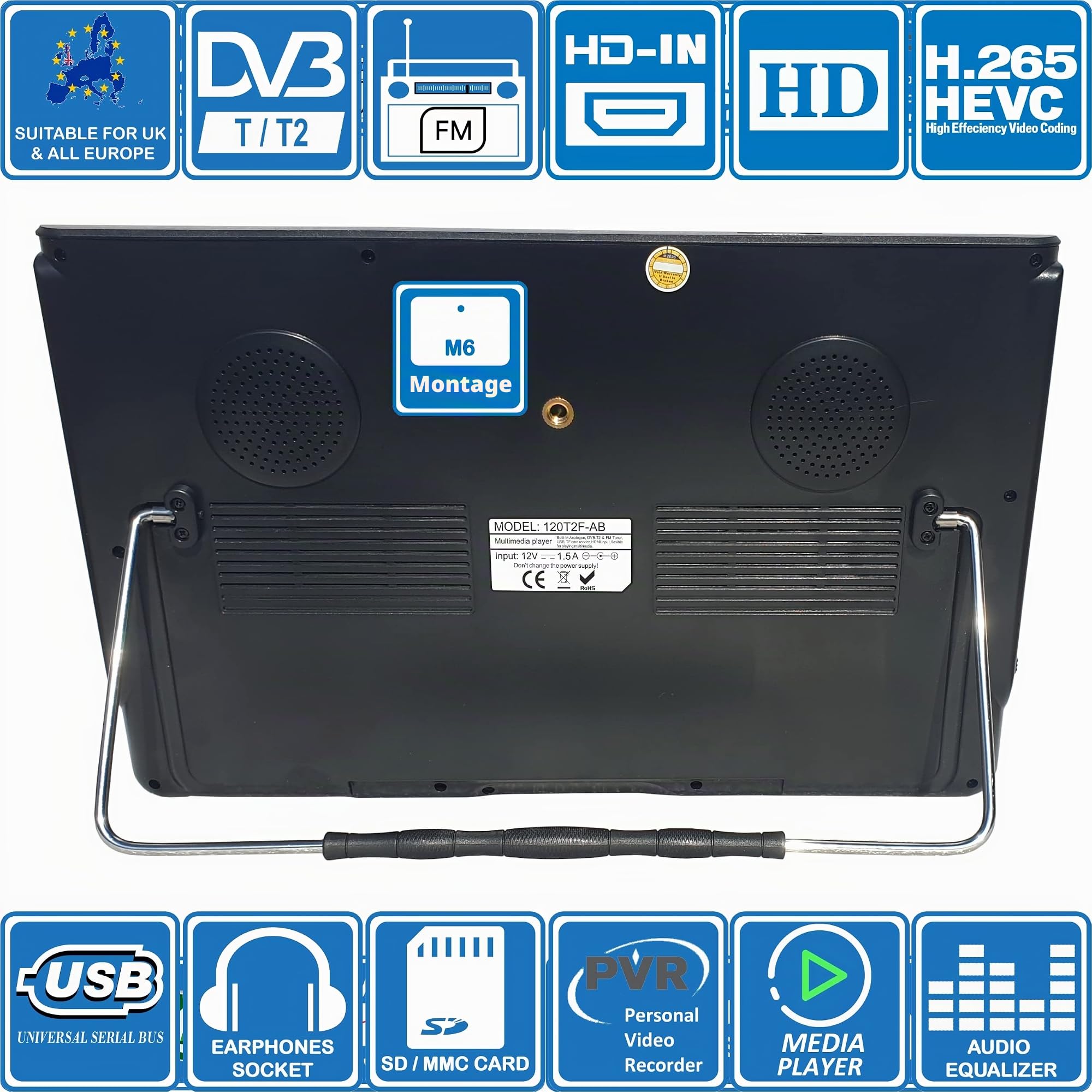 Unispectra® 12 Pouces TV 12V / 230V HD LED Numérique TV DVB-T/T2 (TNT) USB PVR & Lecteur multimédia, Tuner FM, HDMI, AV in/Out. Idéal pour : Maison, Camping-Car, Bateau, Caravane, et Camion