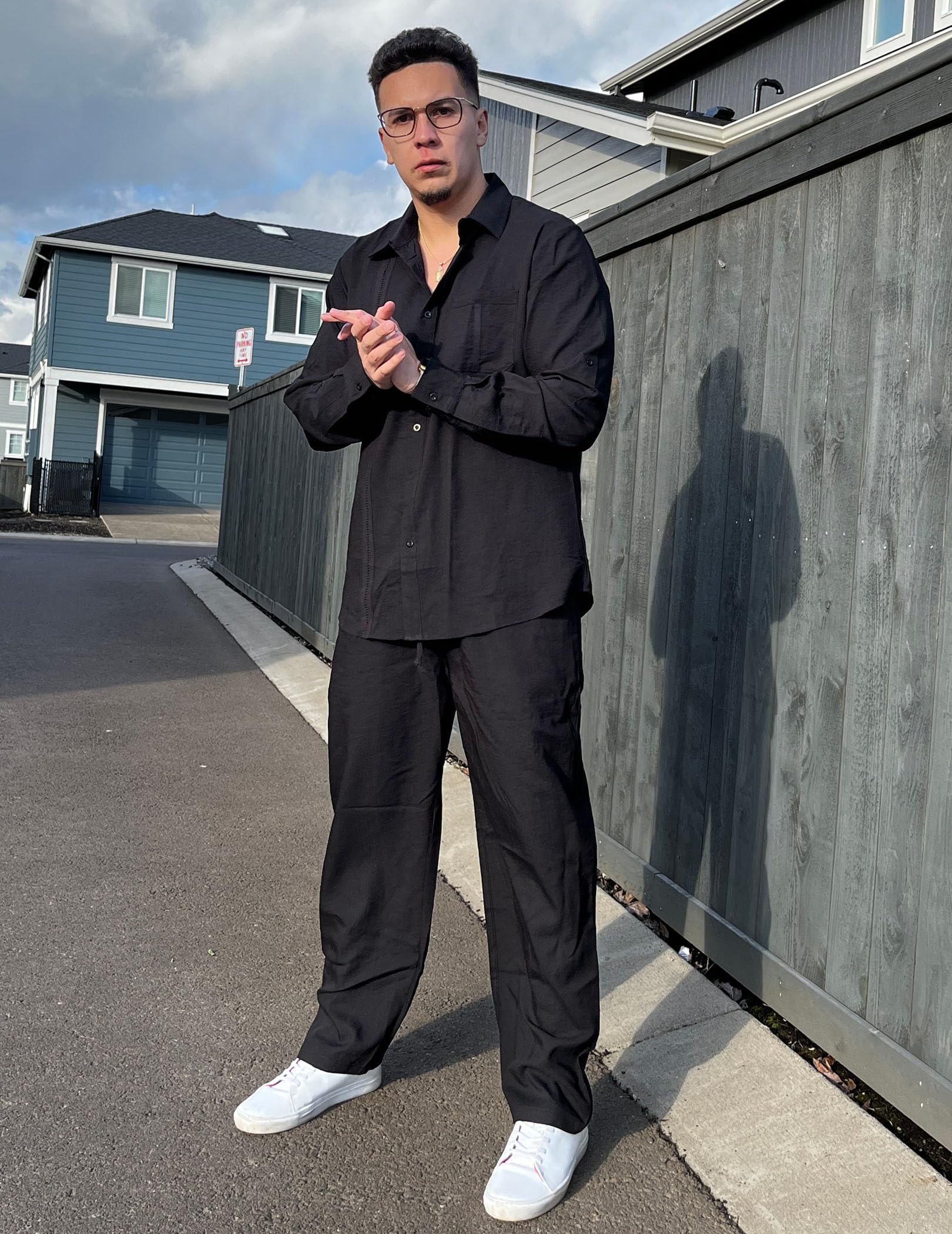 COOFANDY Herren-Leinen-Set, 2-teilig, langärmelig, Knopfleiste, kubanisches Hemd und Hose, Set für Sommer, Strand, Outfit
