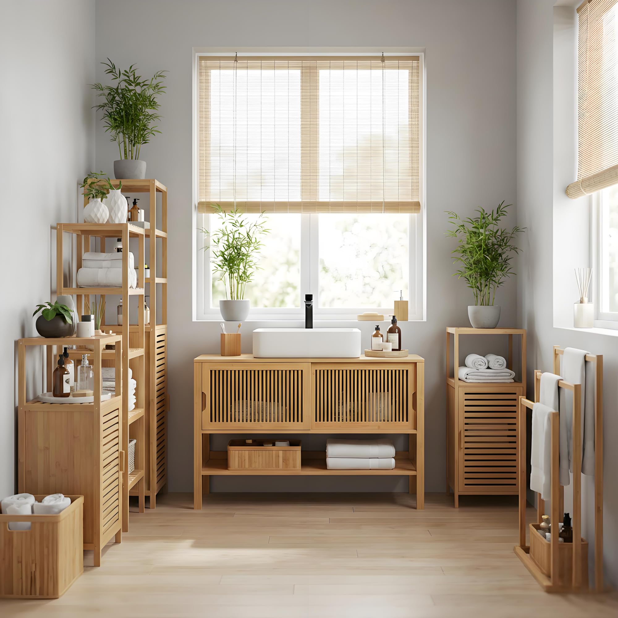 Meuble sous-lavabo 100 cm de large – Meuble de salle de bain en bambou avec portes coulissantes, meuble sous-lavabo naturel avec compartiment ouvert, meuble sous-vasque 100x45x60 cm