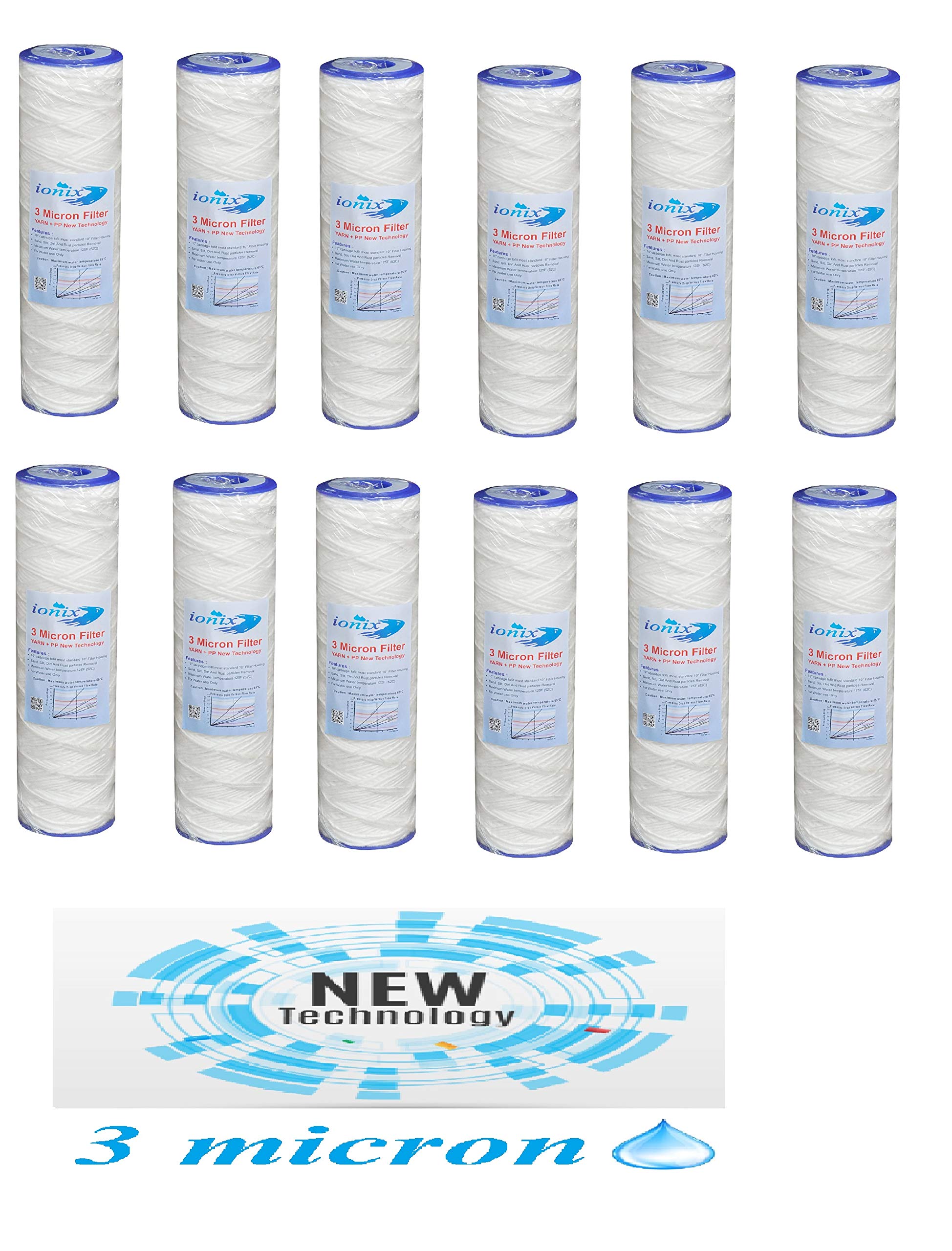 IONIX 3 Micron pre Filter, Yarn Spun, PP + Yarn, 10 inches, Compatible with All Standard Size pre Filters, Pack of 12