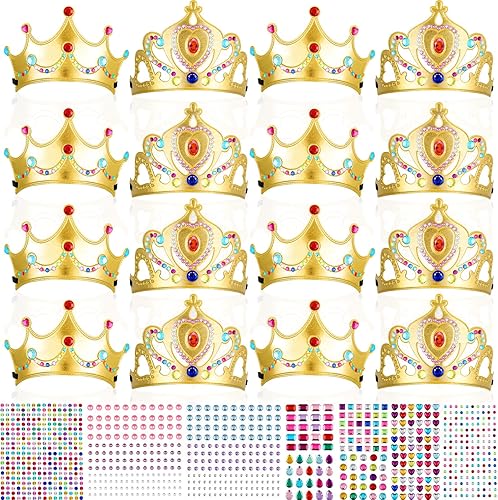 Epakh Juego de 27 coronas de fiesta de princesa, 16 piezas de coronas de princesa con 11 calcomanías de diamante, suministros de fiesta de princesa