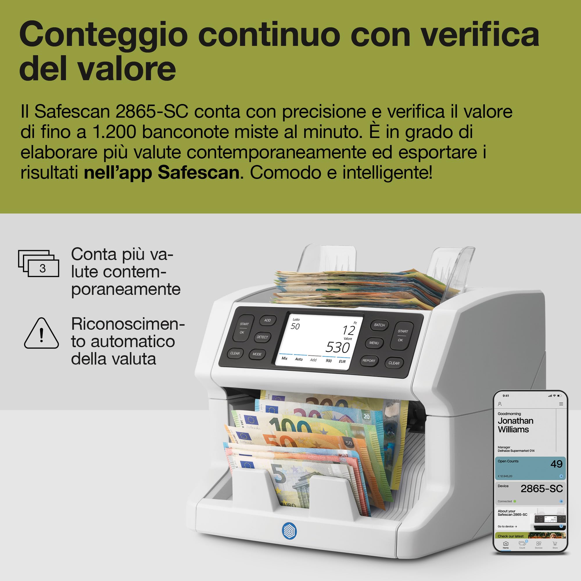Safescan 2865-SC Contabanconote che conta il valore le banconote miste - Alimentazione continua - Contabanconote con rilevatore di denaro falso a 9 punti - Contasoldi con l'app gratuita Safescan