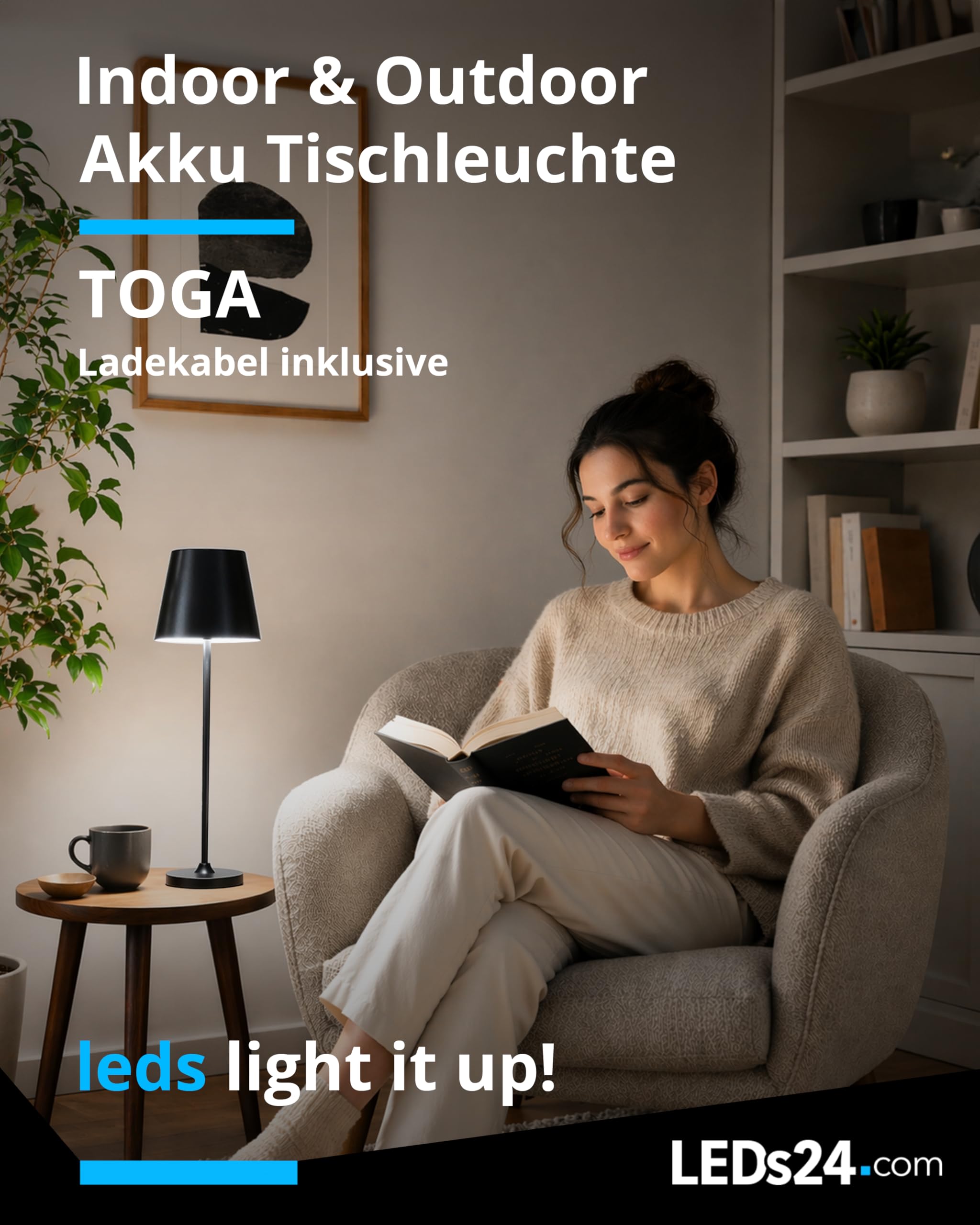 LED Tischlampe Kabellos Outdoor - Höhenverstellbare Akku Tischleuchte IP54 Dimmbar Touch mit USB-C-Kabel - für Terrasse, Wohnzimmer, Schlafzimmer, Kinderzimmer, Gastro & Hotel (schwarz)