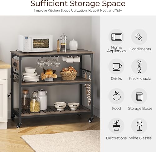 Miniatura 7 de Yaheetech Carrito de isla de cocina con toma de corriente, carritos de cocina con ruedas con almacenamiento, soporte de microondas de 3 niveles con