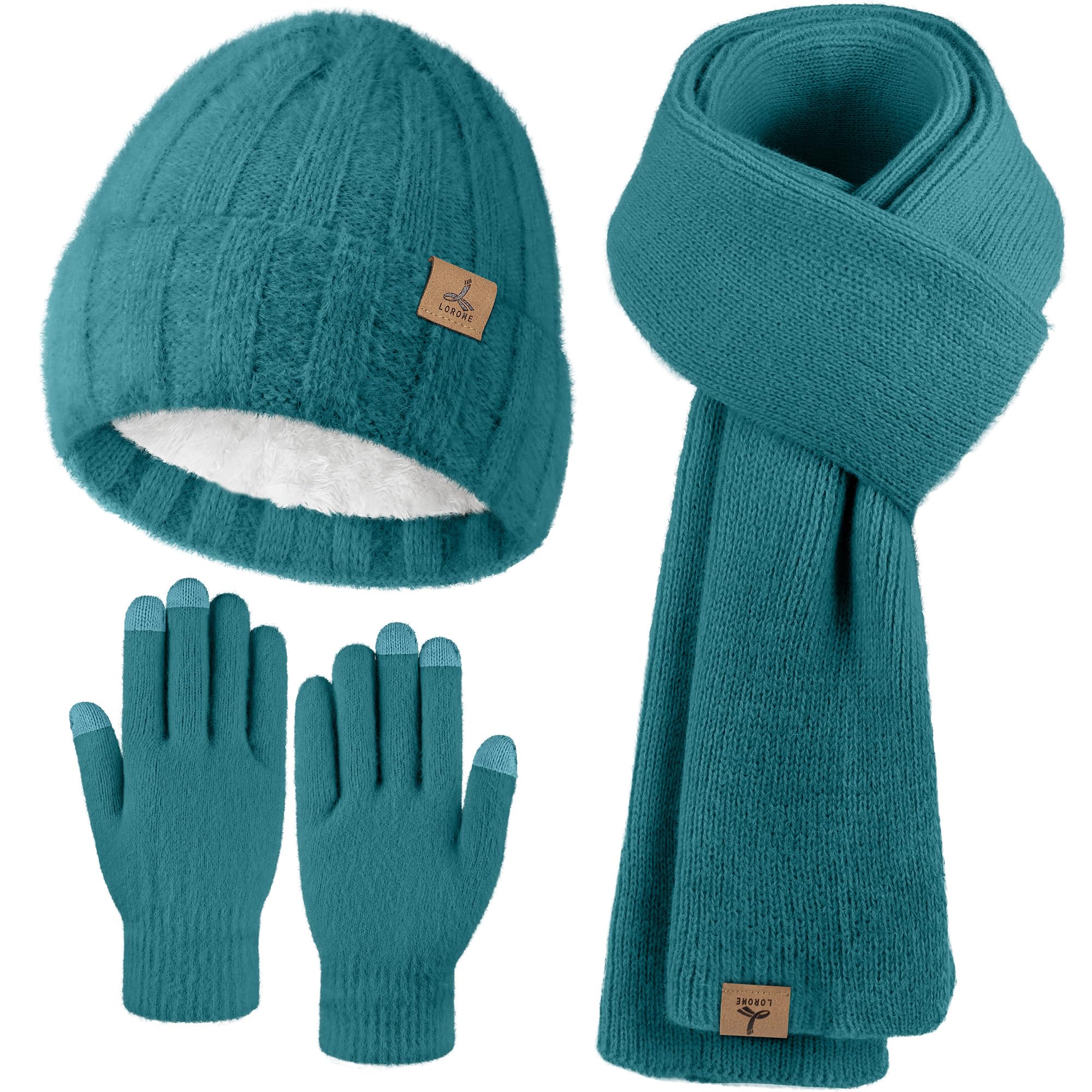 Winter Beanie Hat Scarf Gloves Warm Fleece Knit Hat Long Scarf Neck Warmer Touch Screen Winter Gloves Set