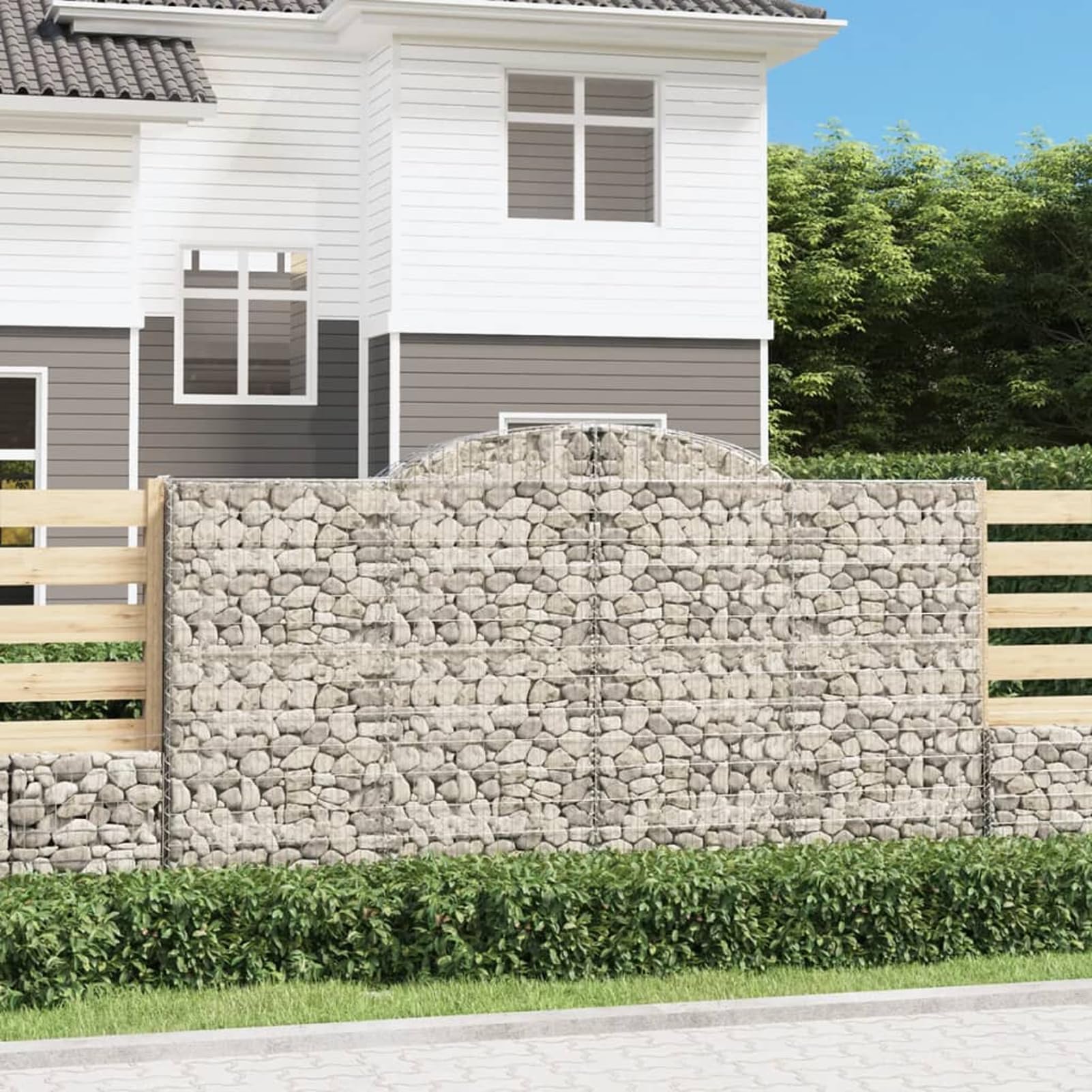 Gecheer Gabione mit Hochbogen 300x30x160/180 cm Verzinktes Eisen, Gabionenkörbe Gabionenwand Steinkorb Gabione Mauer für Garten Sichtschutz Gartenbegrenzung Terrasse153508