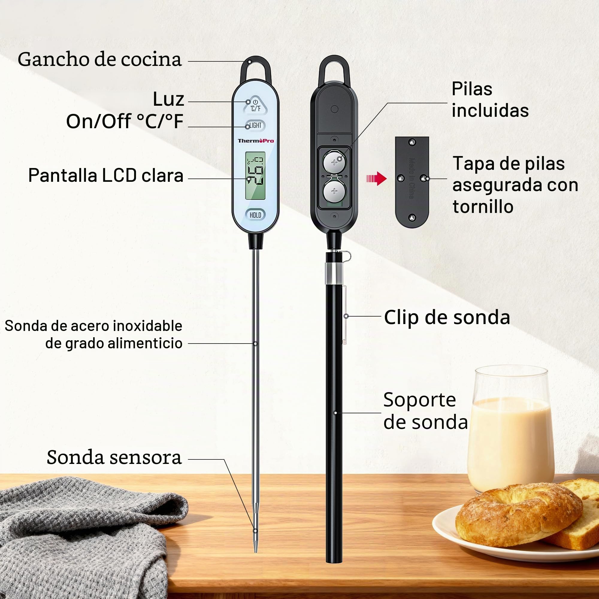 ThermoPro Termómetros digitales para carne, termómetro para alimentos con retroiluminación y función de bloqueo, sonda impermeable con botón ℃/℉, para cocinar, barbacoa, mermelada, aceite y agua