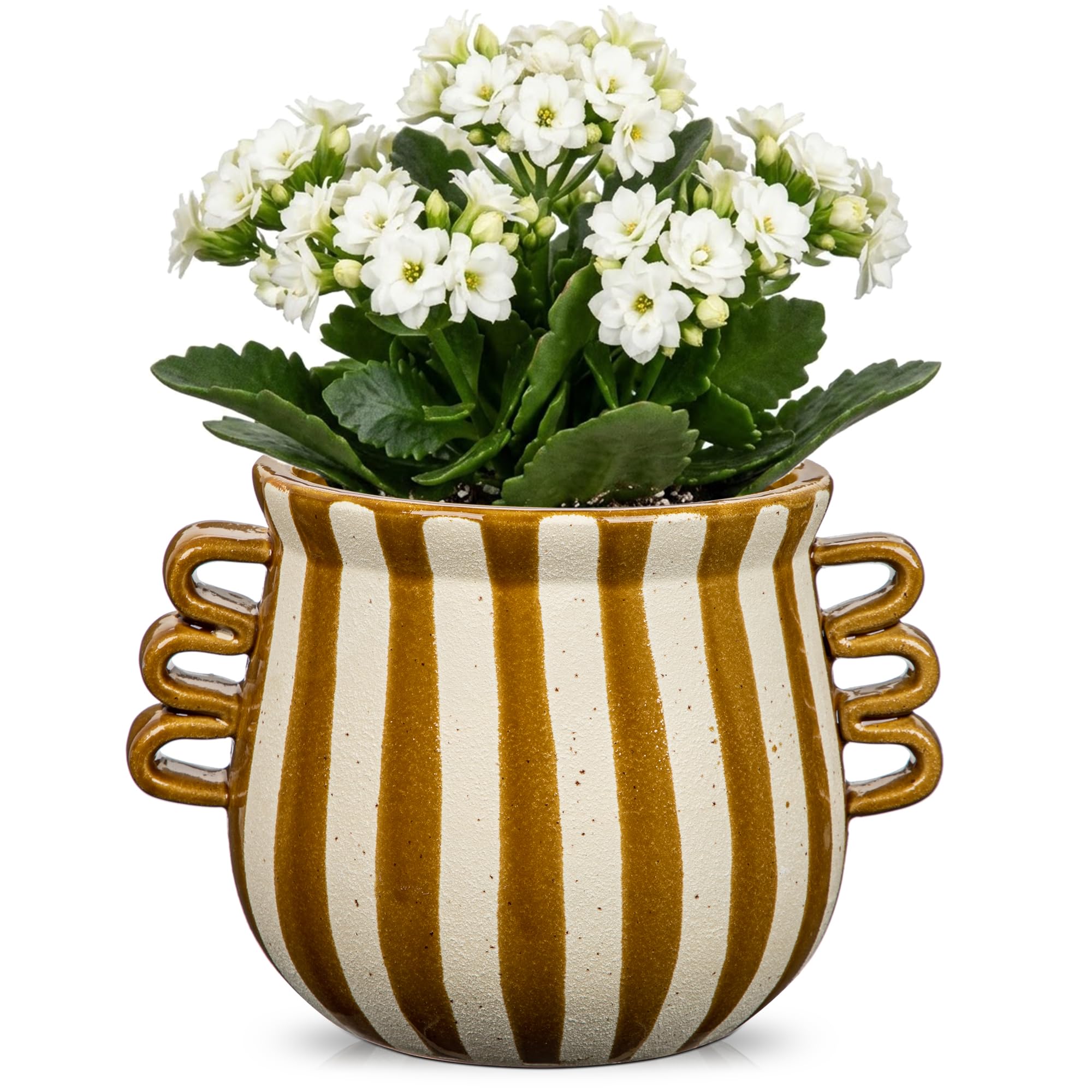 15CM Ceramic Plant Pot Modern Striped Triple Handle Flower Pot No Drainage
