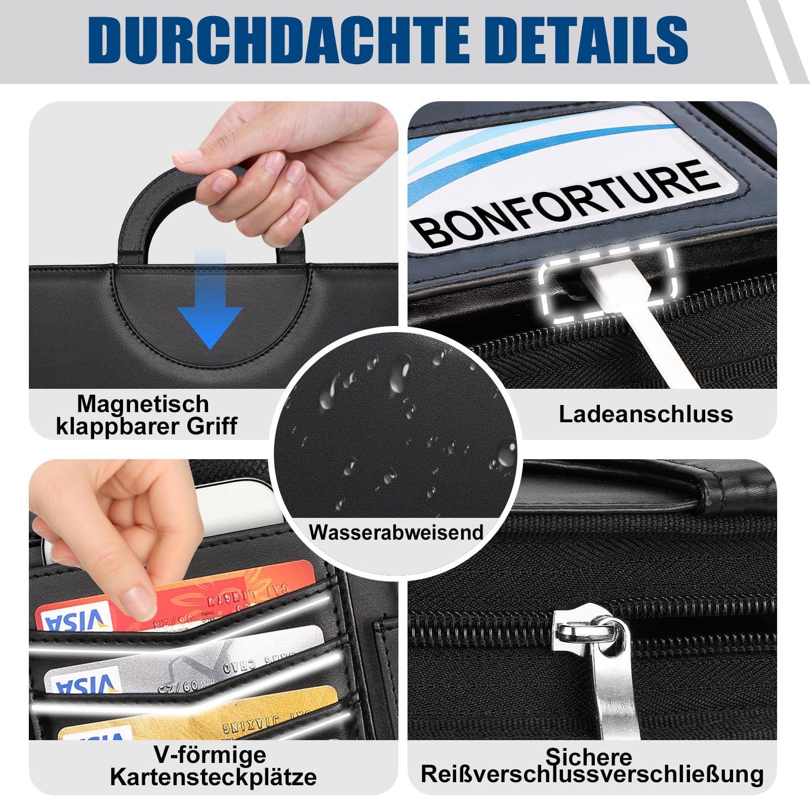 Schreibmappe A4 mit 5er Register, Konferenzmappe mit 4 Ringbuch Reißverschluss Griff Klemmbrett Notizblock Stift, Dokumentenmappe Aktenmappe Ordner für Büro Business Uni Schule Schwarz