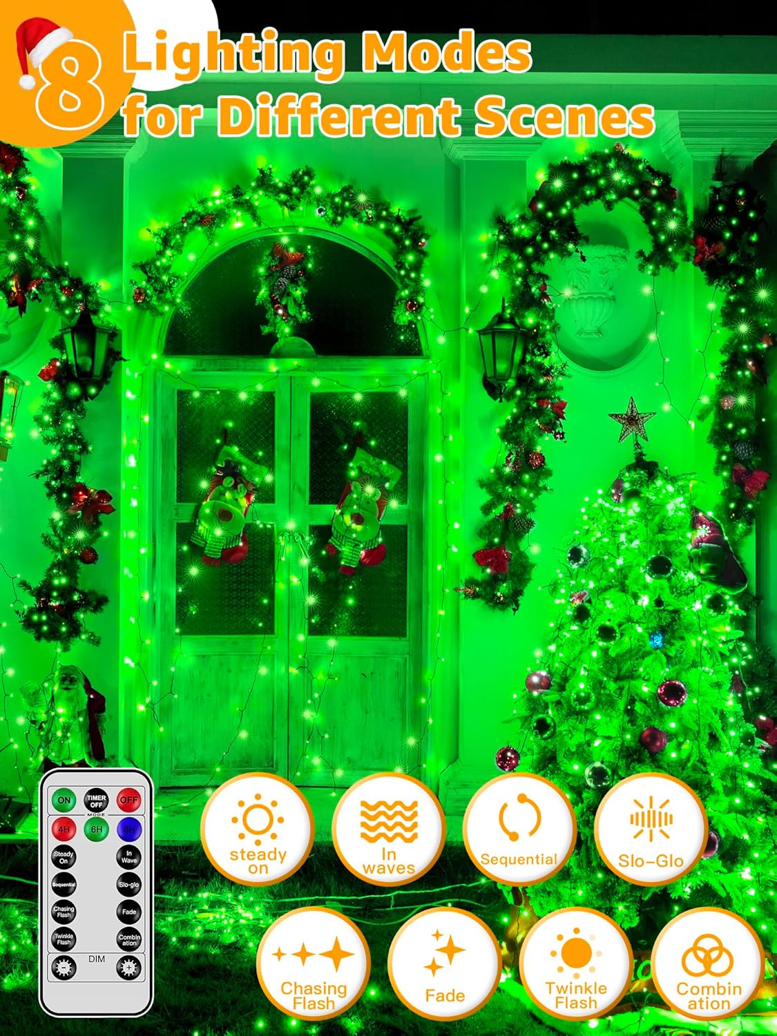 500 LED 164 FT Christmas Lights, Waterproof Outdoor String Lights with Remote and Timer, Christmas Tree Lights with 8 Modes Dimmable, Fairy Lights for Holiday Decor (Green) - Image 3
