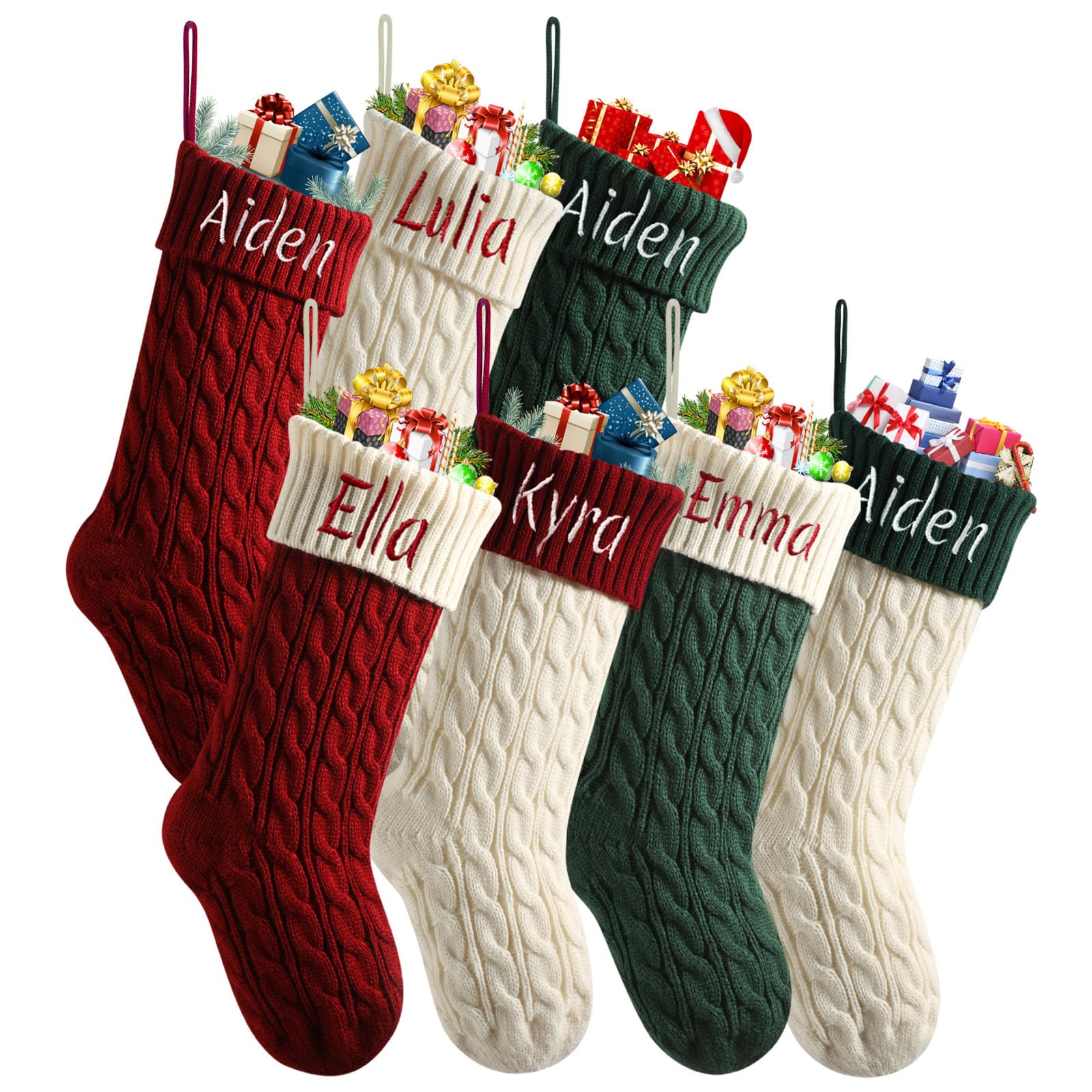 Infiher Personalised Christmas Stockings 18” Large Custom Name Family Christmas Stockings,Customised Embroidered Name Knitted Xmas Stockings for Initial Fireplace Hanging Decoration(F-5Pack) — image 1