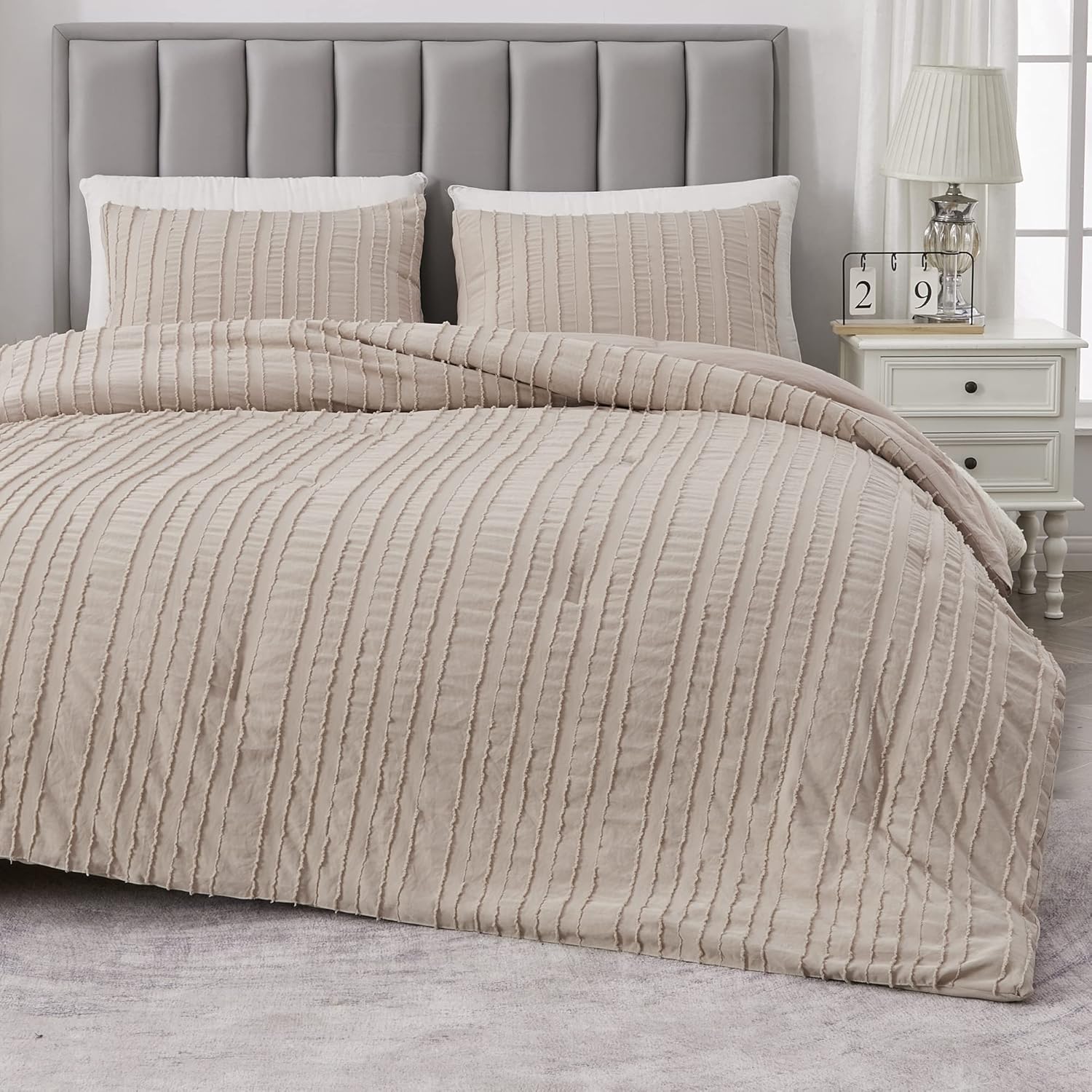 Andency Khaki Comforter Set Queen Size, 3 Pieces Tufted
