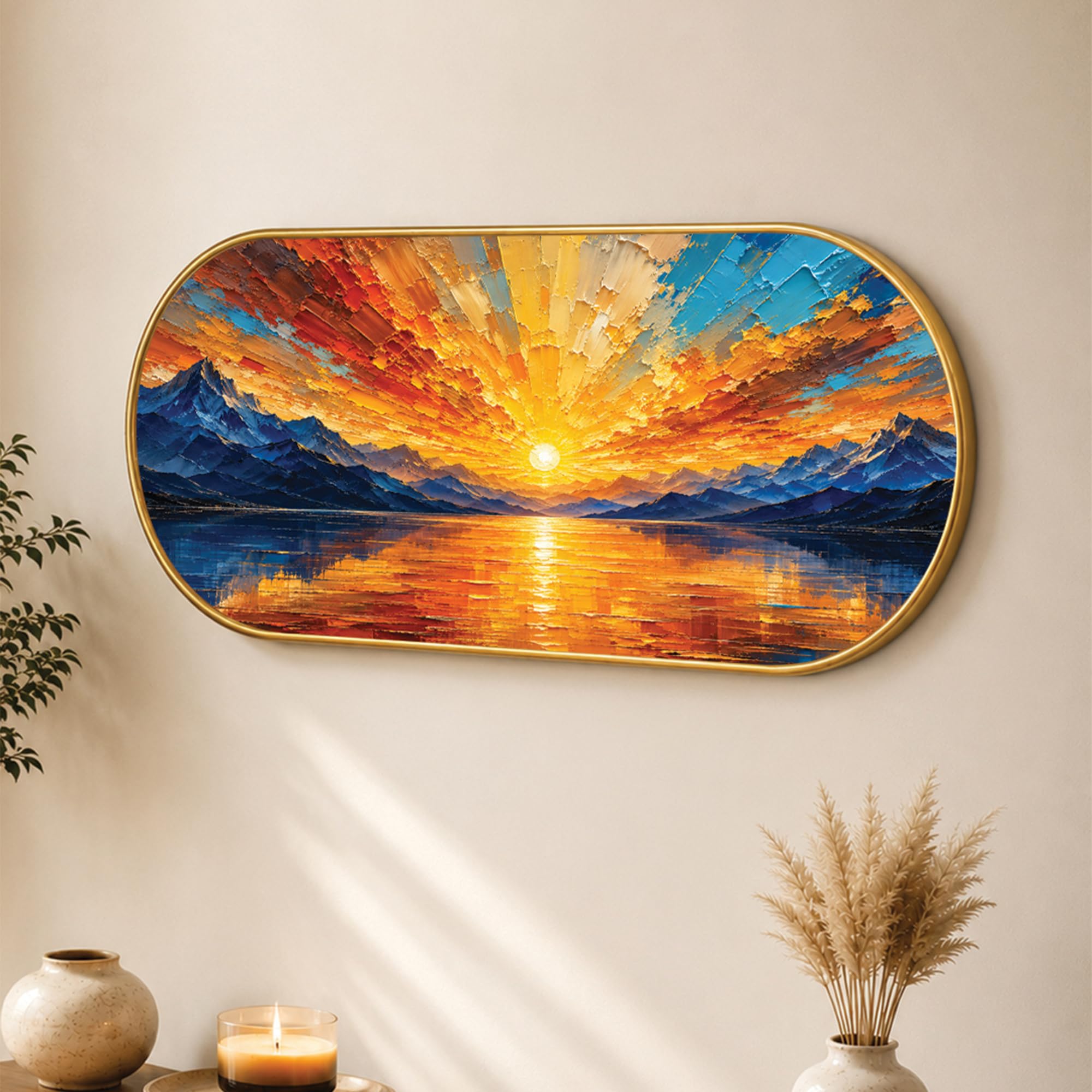 PAINTINGMANTRA Sunrise Mountain Wall Art Painting for Living Room, Vastu Rising Sun & Blue Peaks Capsule Shape Framed Wall Painting for Home Decor, Bedroom, Hall, Office (Size: 12x22 inch)-image-16