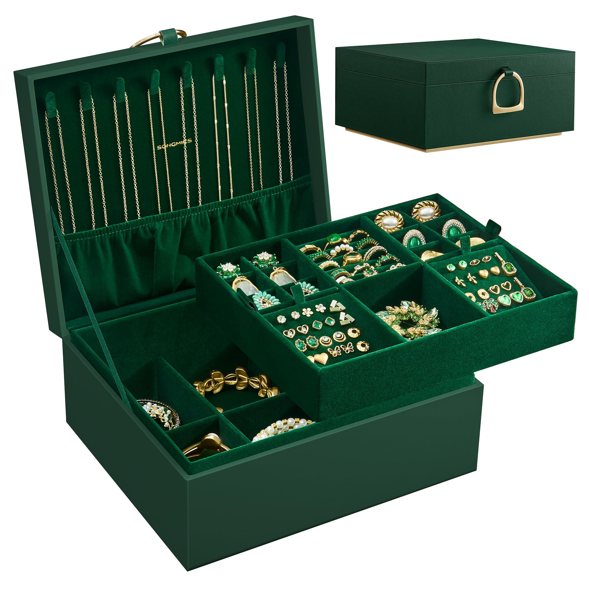SONGMICS 2-Layer Jewellery Box, Jewellery Organiser with Handle, Removable Jewellery Tray, Jewellery Storage, Floating Effect, 20.5 x 24 x 11 cm, Gift Idea, Forest Green JBC165C01