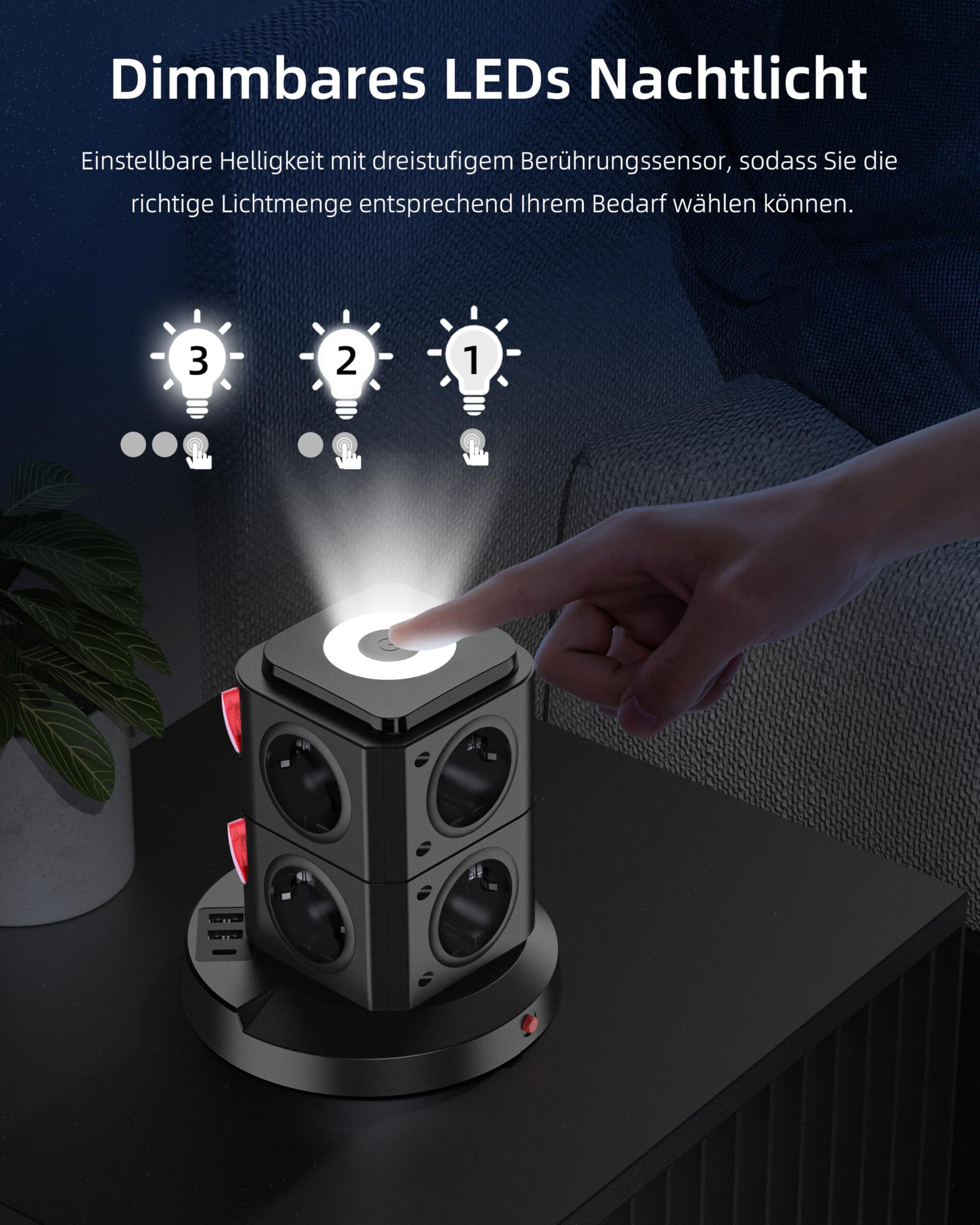 AORIDO Listwa zasilająca 8 wielogniazdowych 3680 W z USB, gniazdo wieżowe LED z przełącznikiem, ochrona przeciwprzepięciowa, przedłużacz 1,8 m, wtyczka rozdzielcza do biura
