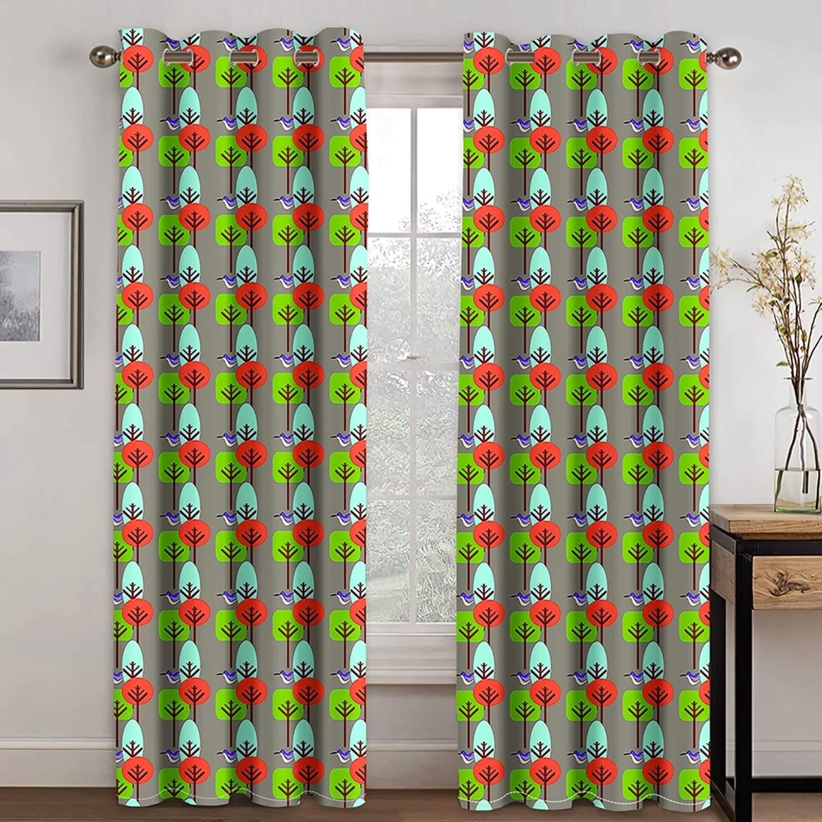 Rideaux occultants 107x274cm avec imprimé arbres et oiseaux rouge et vert KnSam pour salon