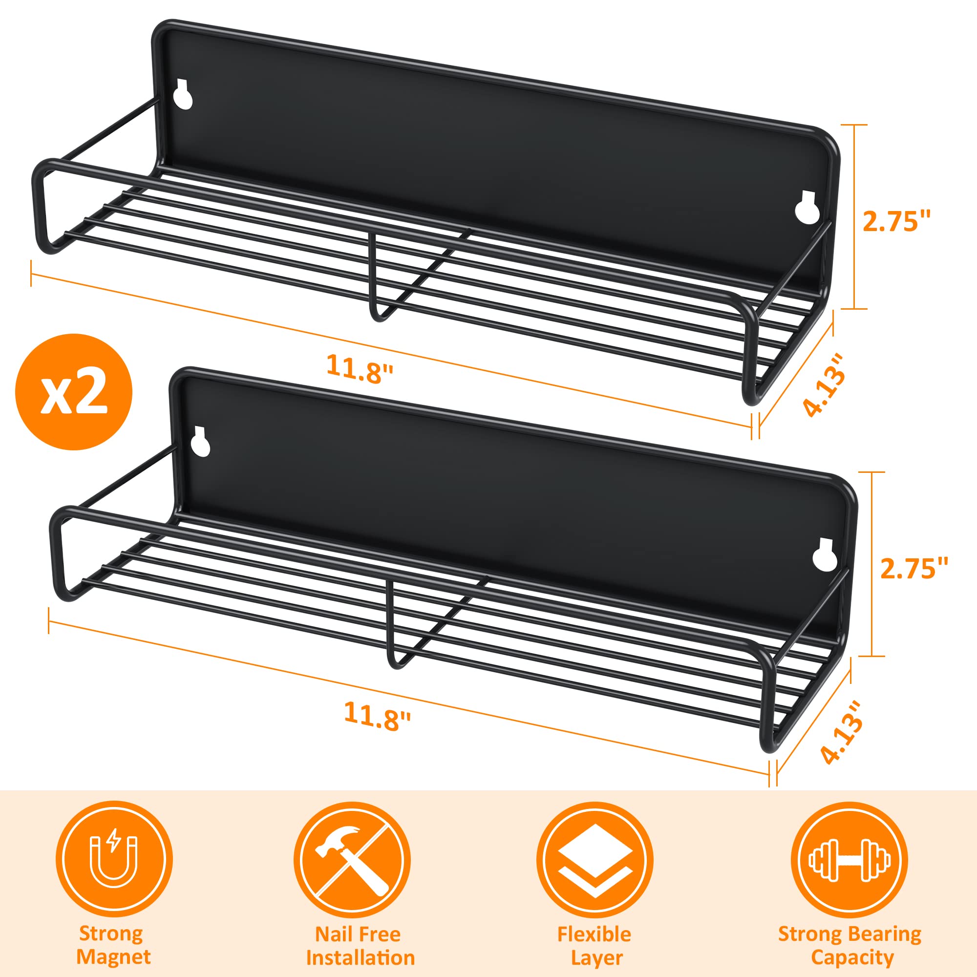 11.8 inches Magnetic Spice Rack for Refrigerator, Large Capacity Magnetic Fridge Organizer 2 Pack, Kitchen Seasoning Organizer Metal Magnetic Shelf Storage for Refrigerator and Microwave Oven