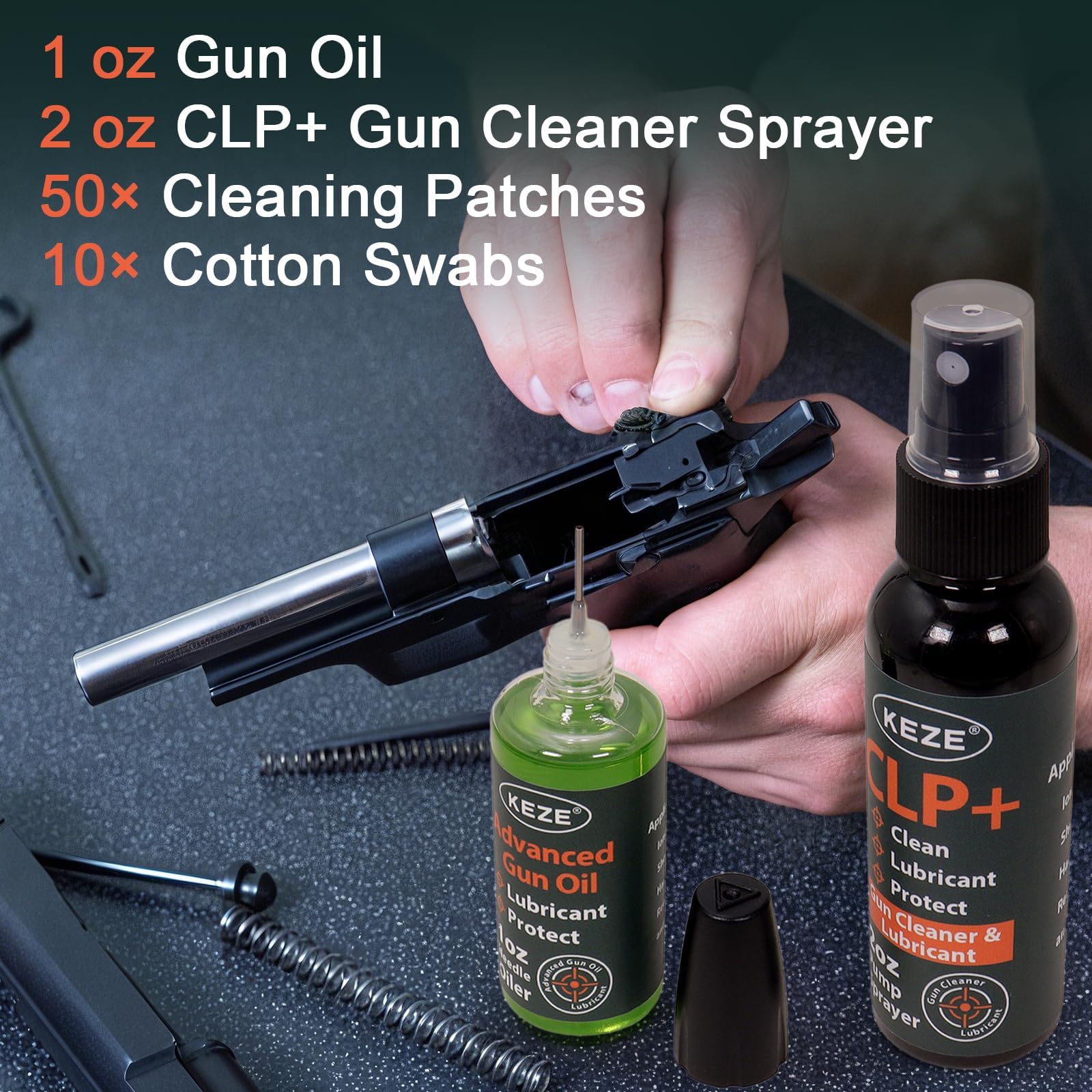 KEZE Kit lubrificante e detergente per armi Gun Oil CLP - Spruzzatore a nebulizzazione fine da 2 oz e solvente sintetico antiruggine per manutenzione premium da 1 oz.