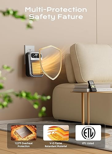 Miniatura 6 de Minetom Calentador de espacio portátil enchufable, calentador de pared pequeño de 800 W para uso en interiores, control remoto, temporizador de 12
