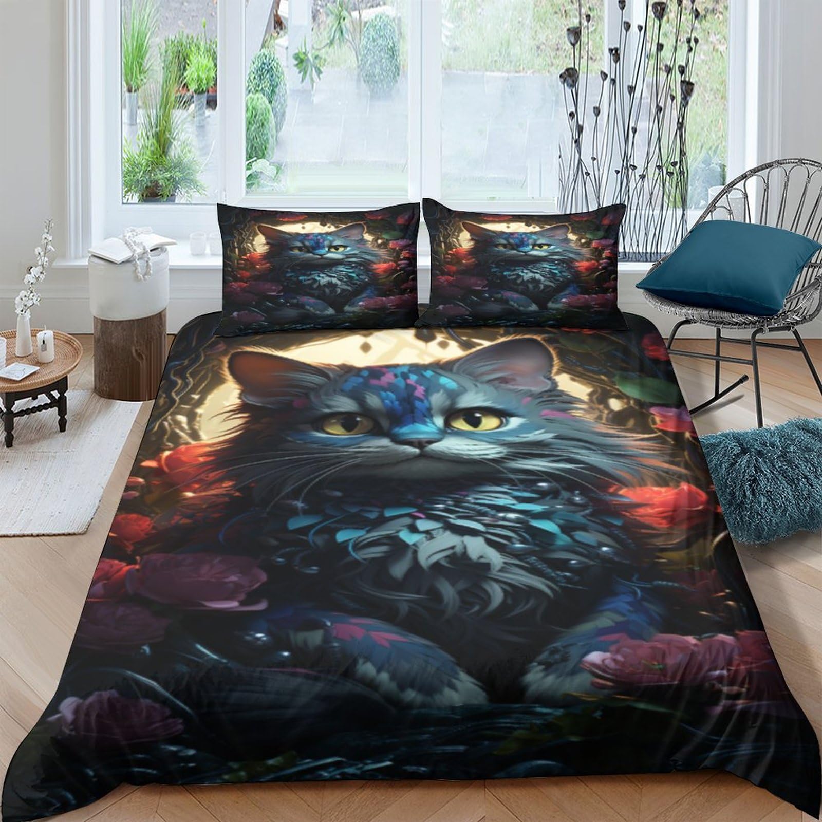 Housse de couette chat 3D anti-plis en microfibre avec taie d'oreiller